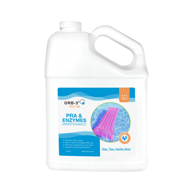 Gallon container of Orb-3 PRA and Enzymes a pool maintenance product on a white background