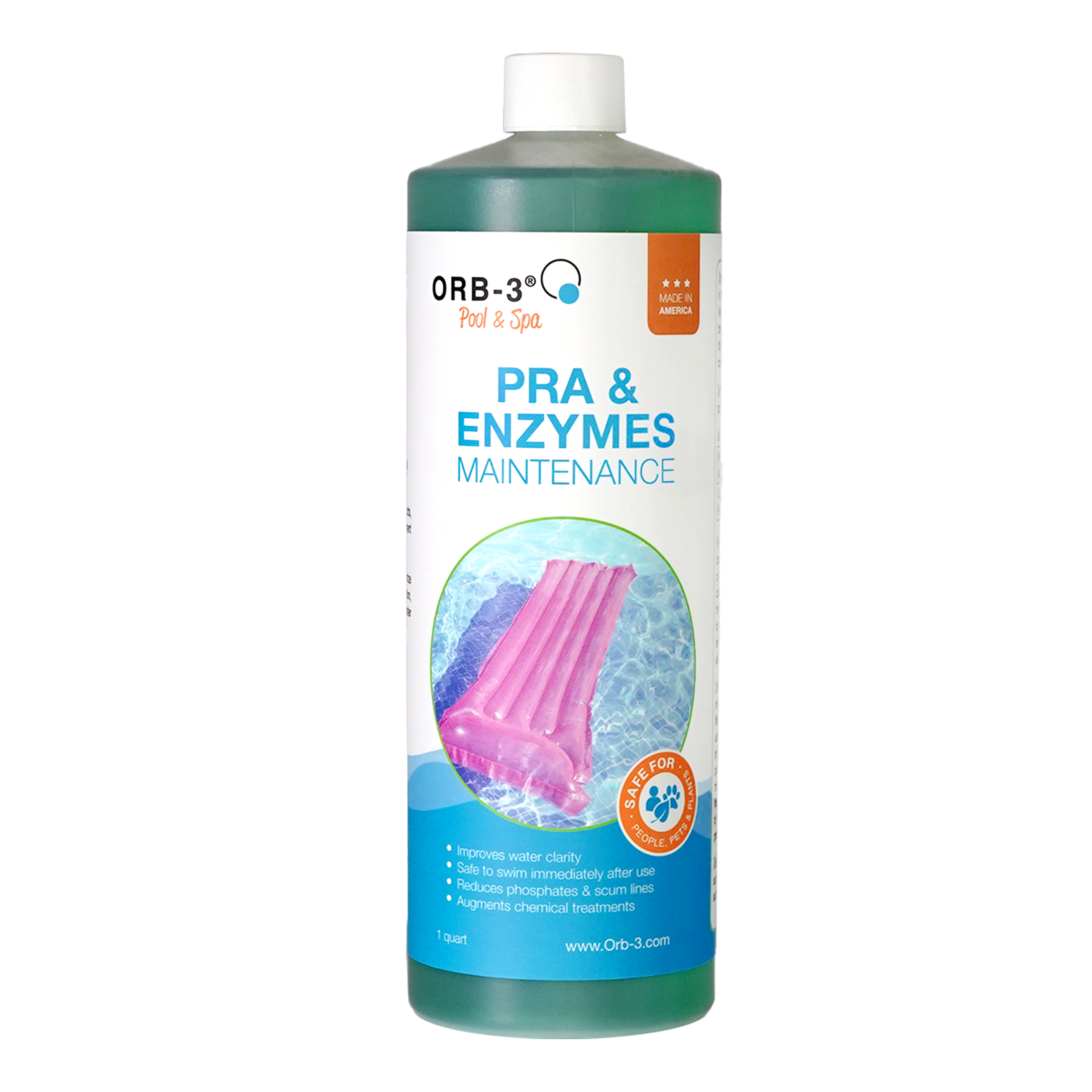 Bottle of Orb-3 Pool and Spa PRA & Enzymes Maintenance product on a white background
