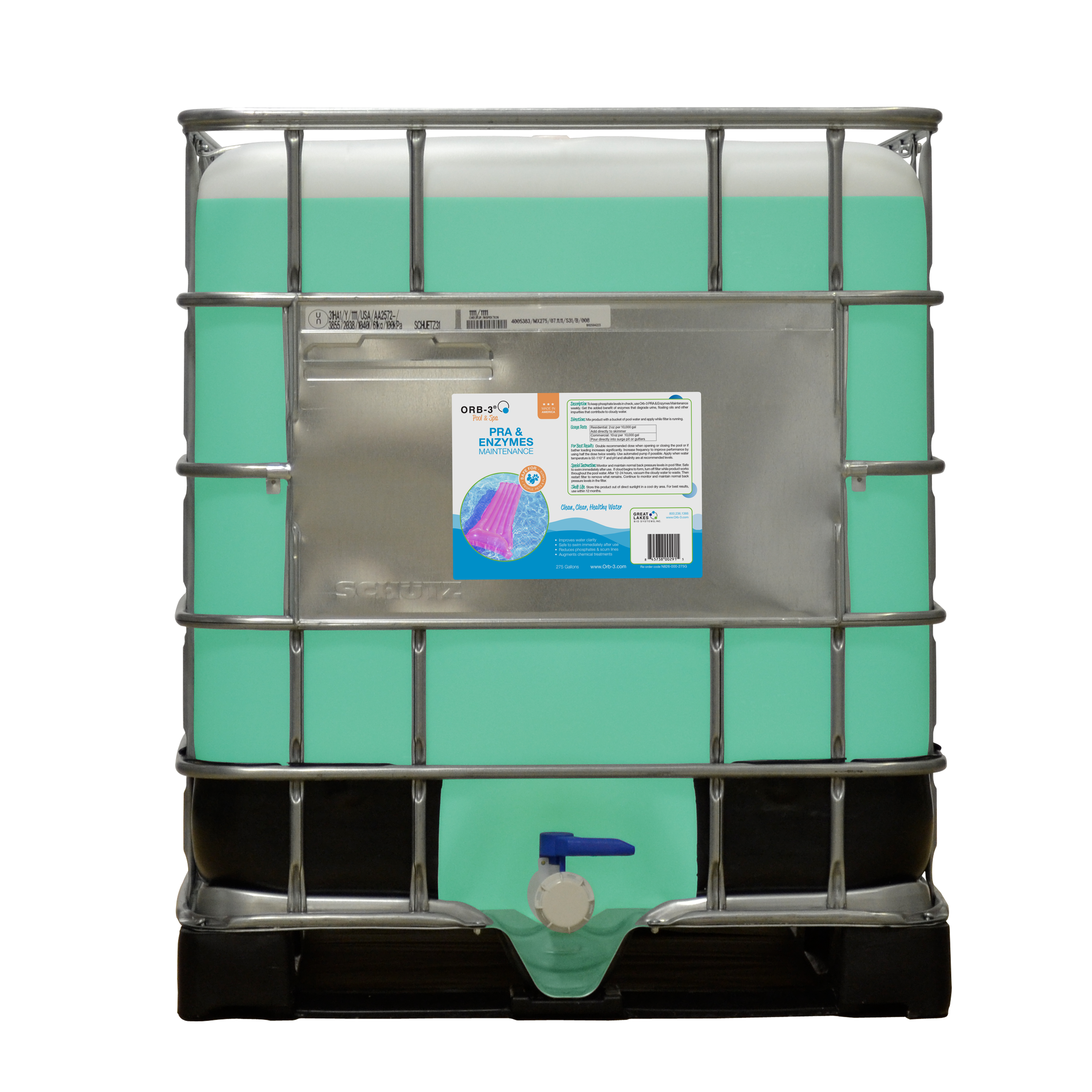 Large green IBC tote of ORb-3 PRA and Enzymes Maintenance with a label on a white background