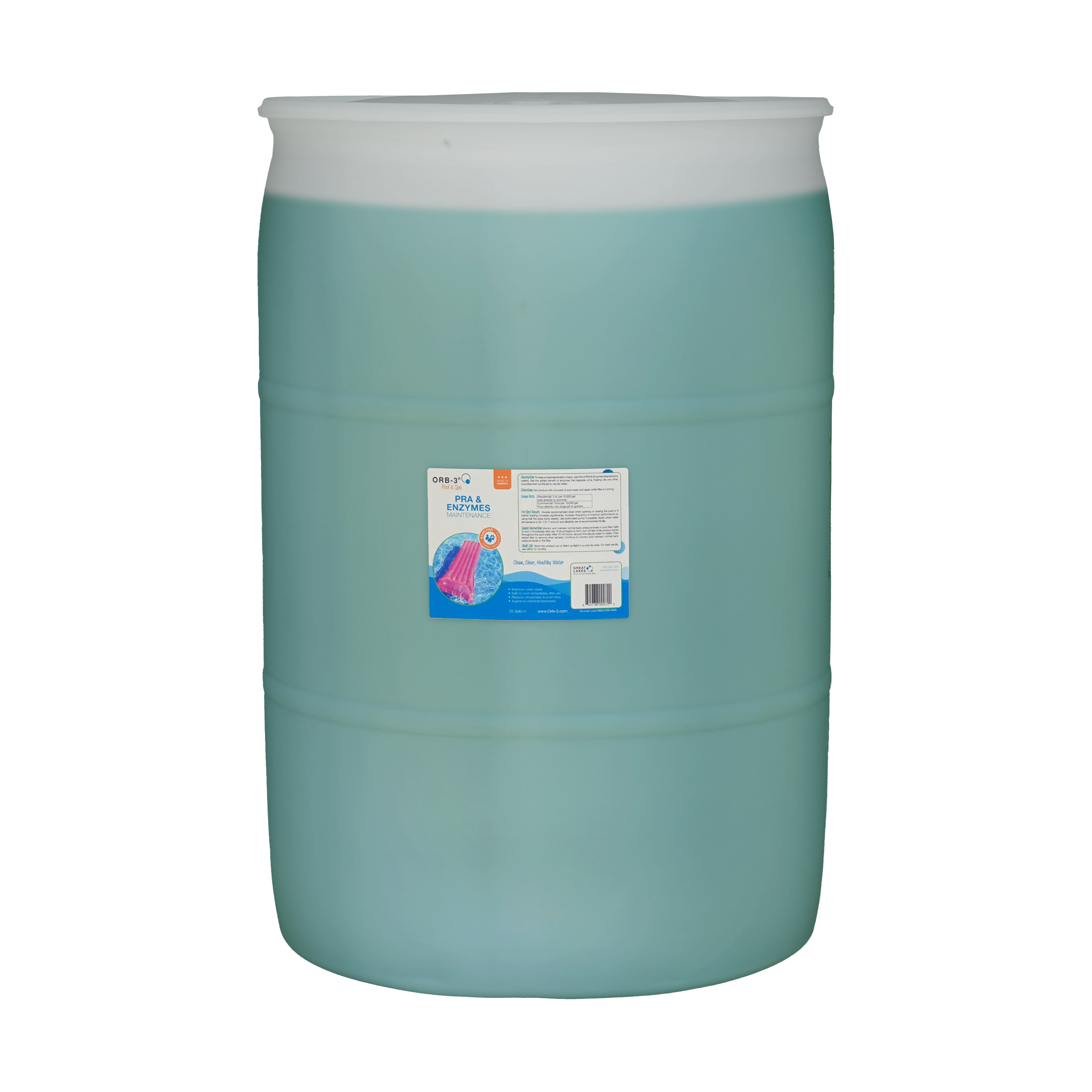 Large drum with a label of Orb-3 Pool and Spa PRA and Enzymes Mainentance on a white background