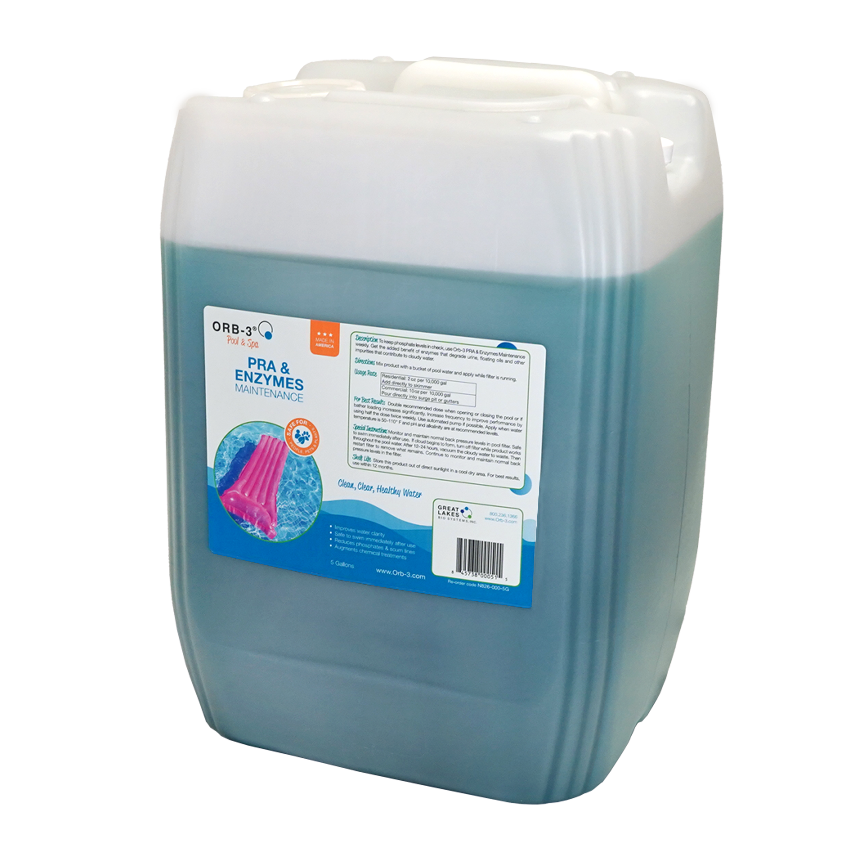 5 gallon container of Orb-3 Pool and Spa PRA and Enzymes Maintenance on a white background