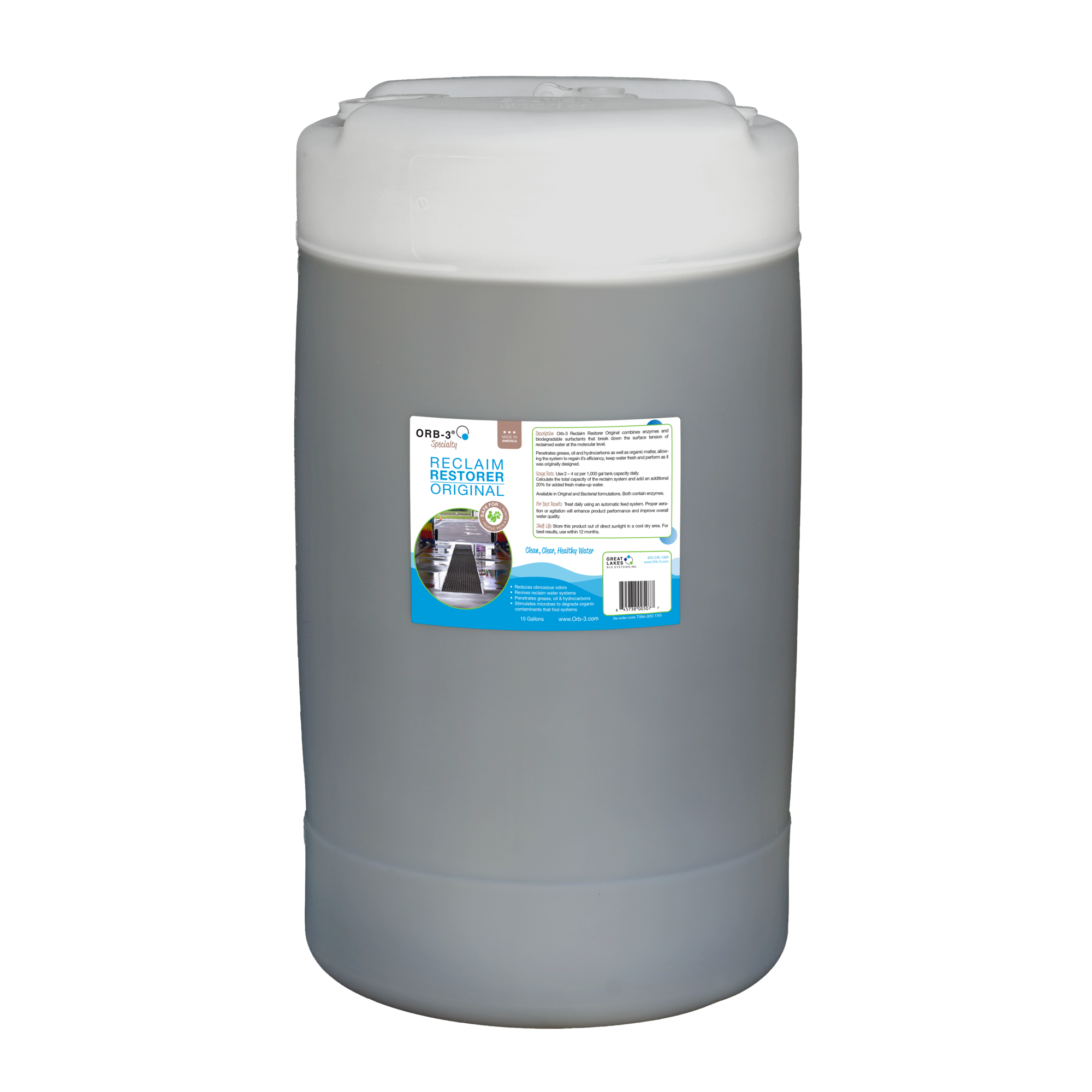Large container of Orb-3 Reclaim Restorer Original with a label on a white background