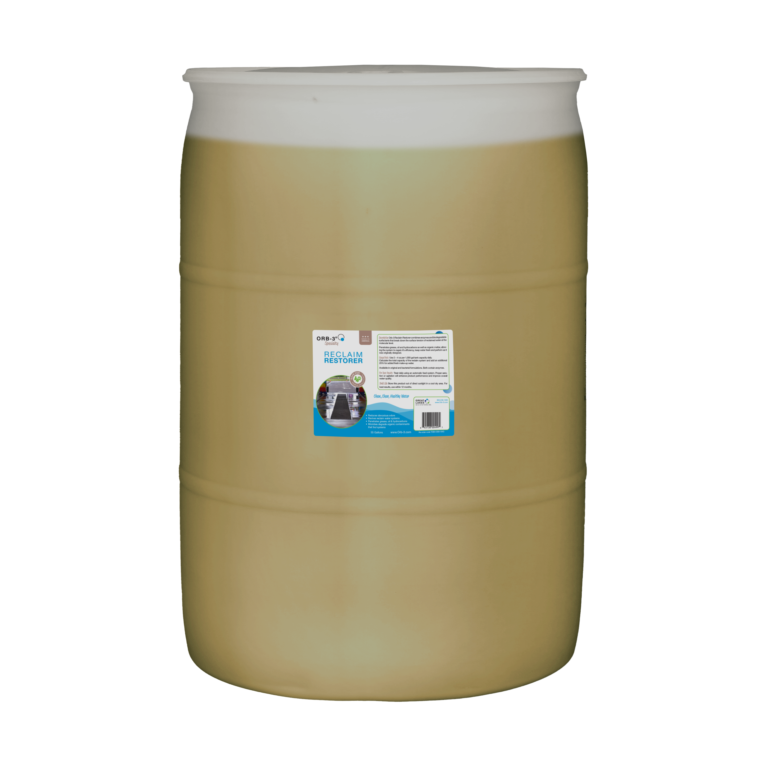 Large 55 gallon drum of Orb-3 Reclaim Restorer Original with a label on a white background
