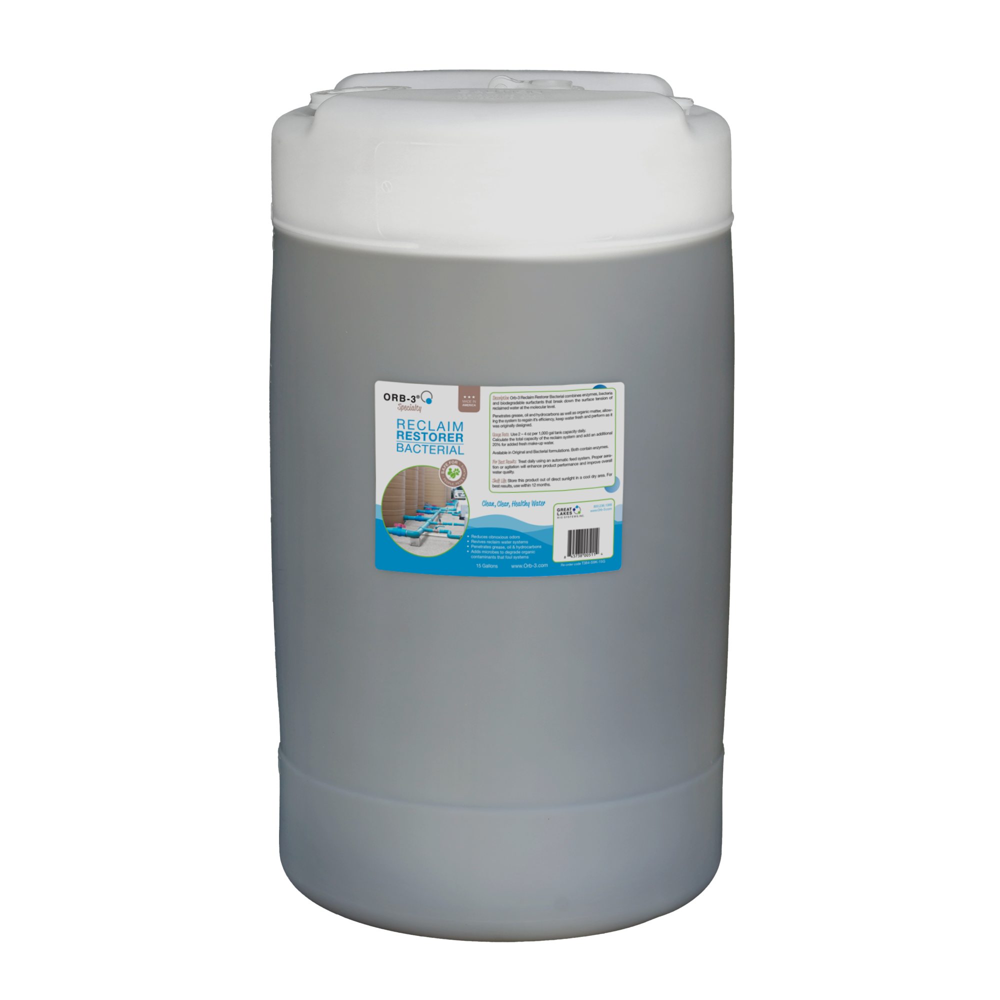 Gray cylindrical container of Orb-3 Reclaim Restorer Bacterial on a white background