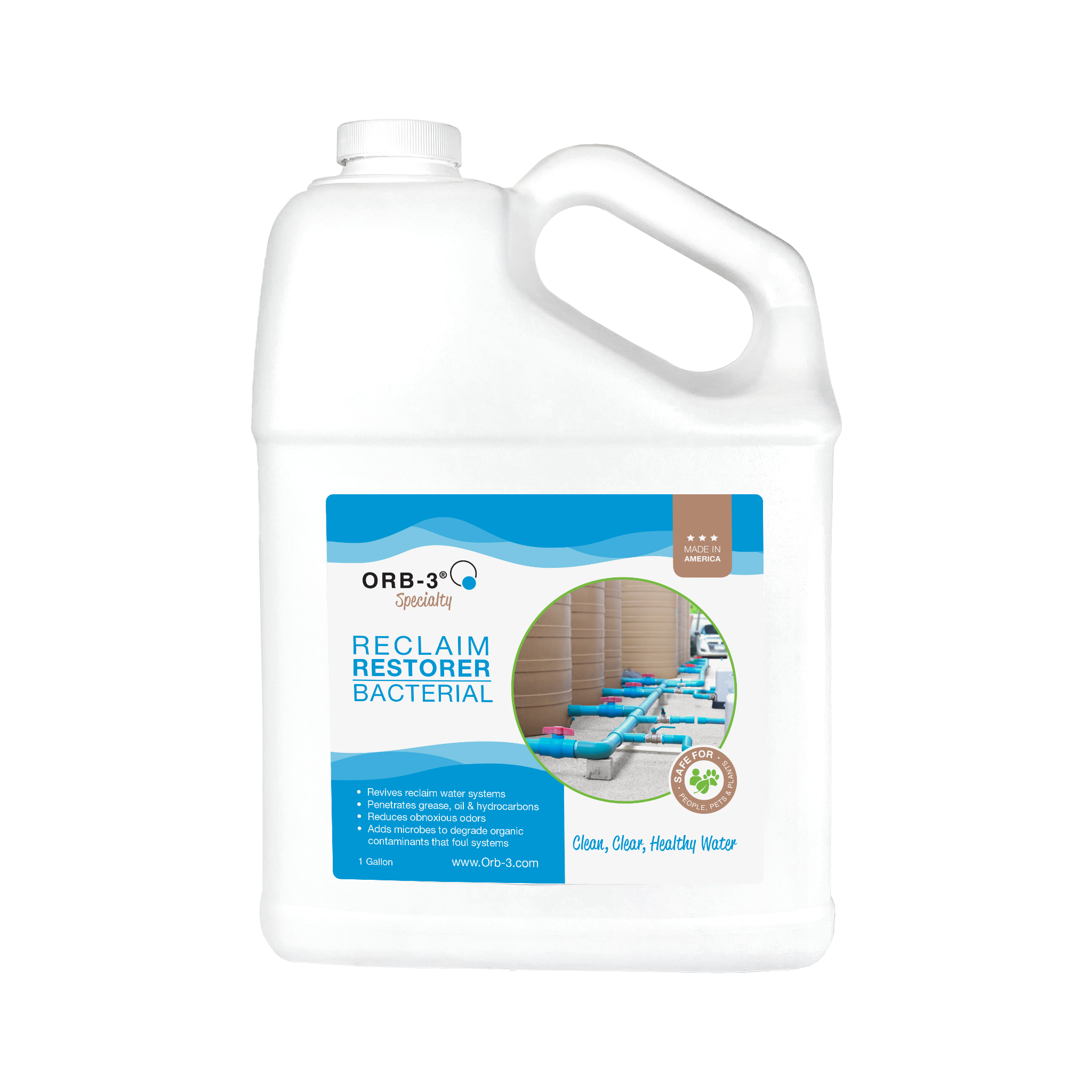 Gallon container of Orb-3 Reclaim Restorer Bacterial on a white background