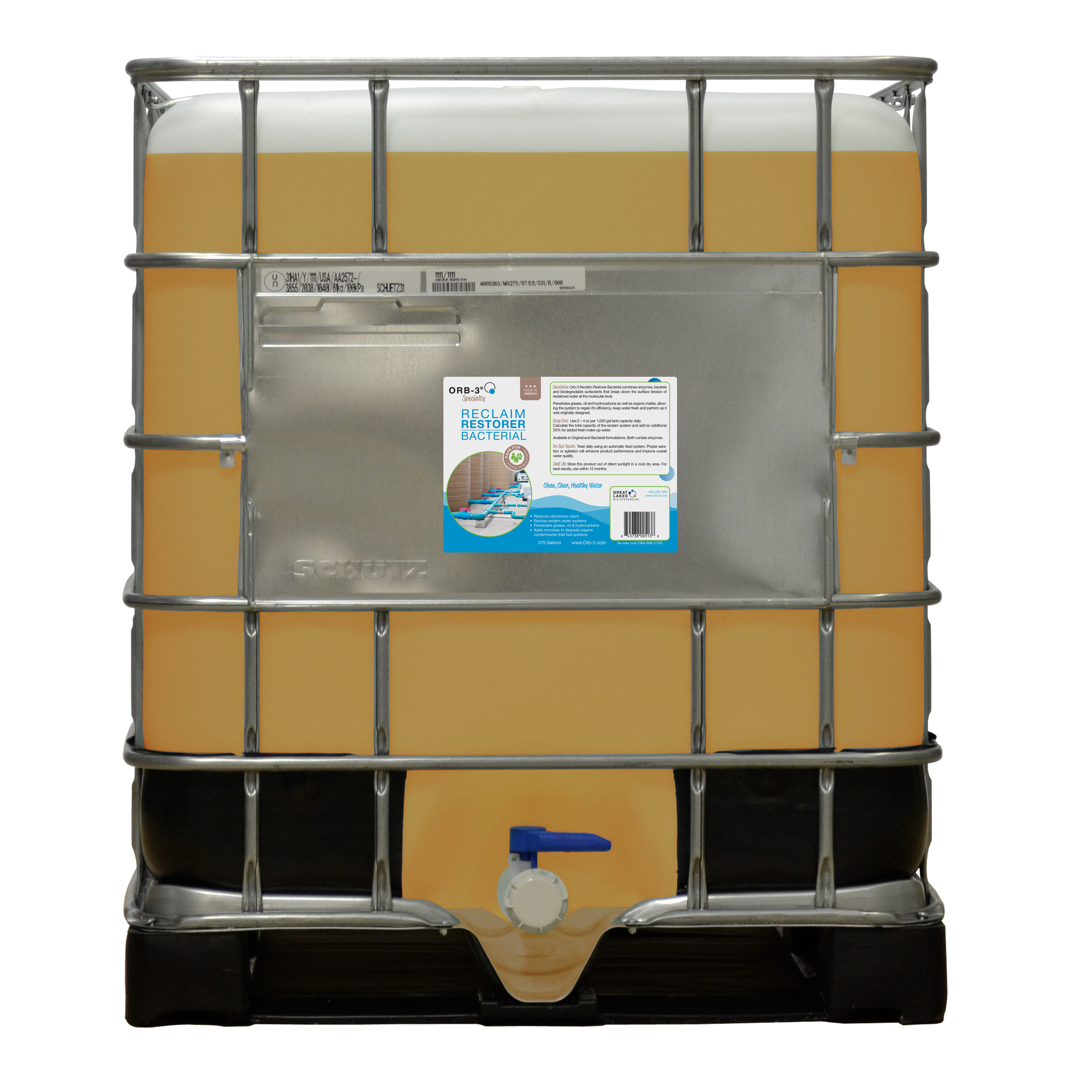 Large industrial IBC tote of Orb-3 Reclaim Restorer Bacterial with a label on a white background