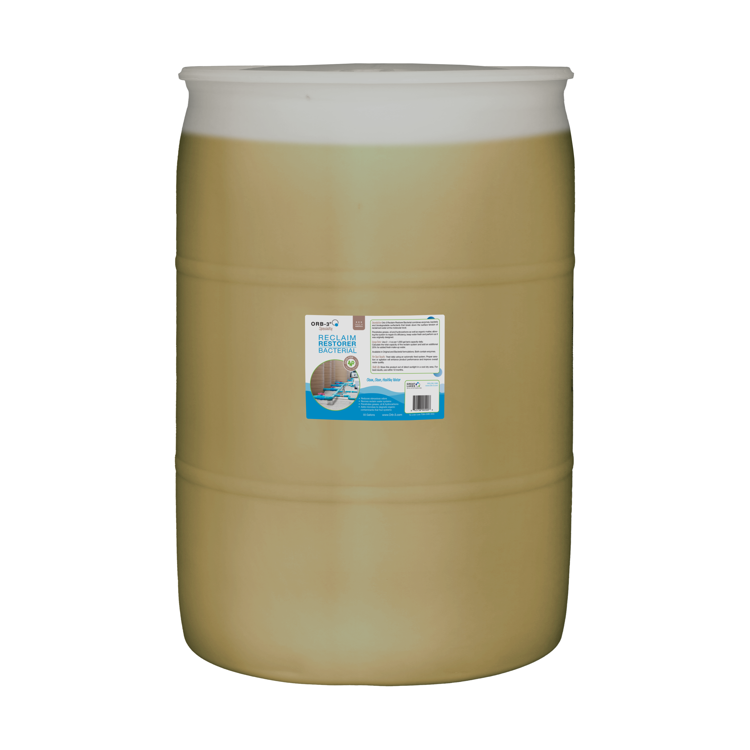 Large 55 gallon drum of Orb-3 Reclaim Restorer Bacterial with a label on a white background