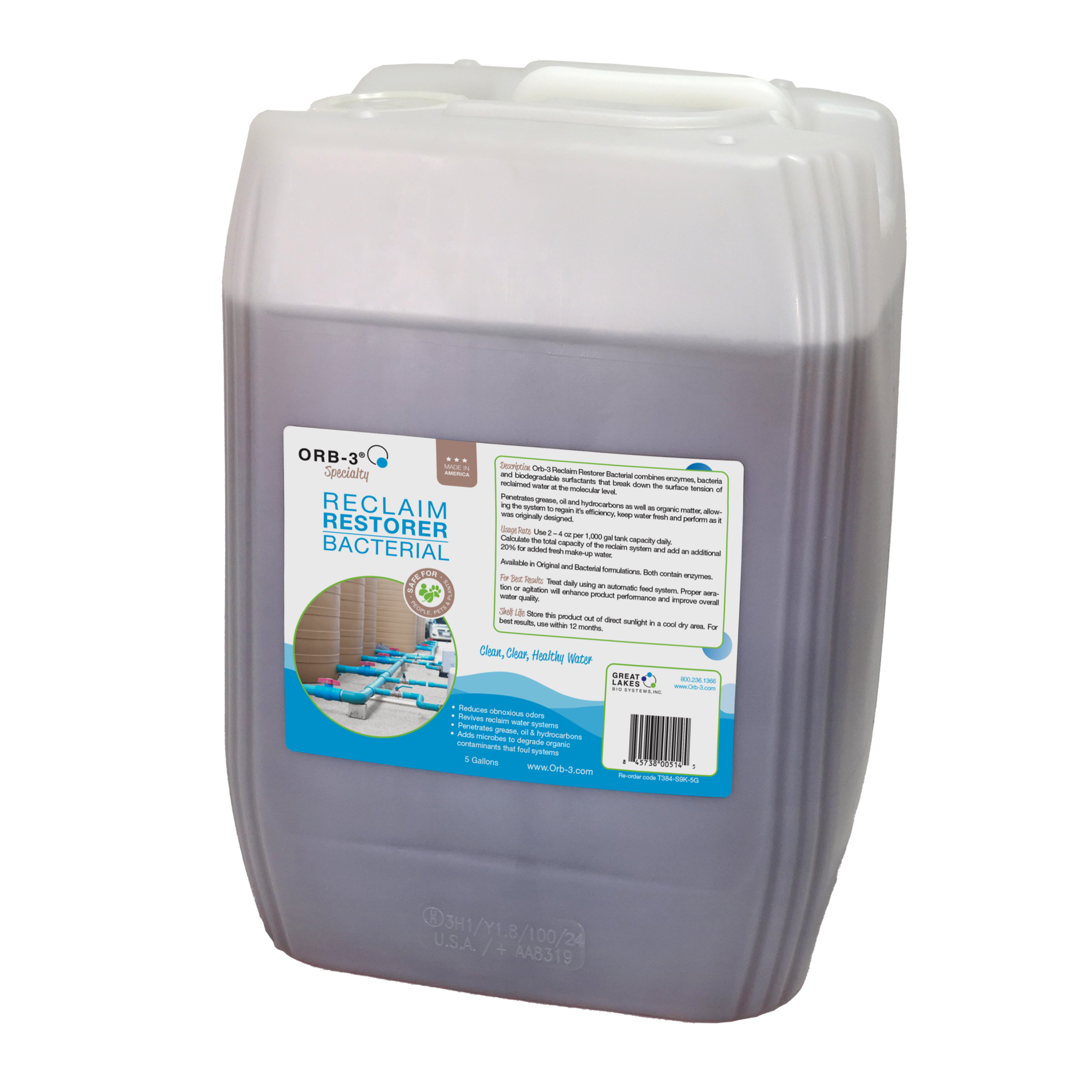 Large 5 gallon container of Orb-3 Reclaim Restorer Bacterial on a white background