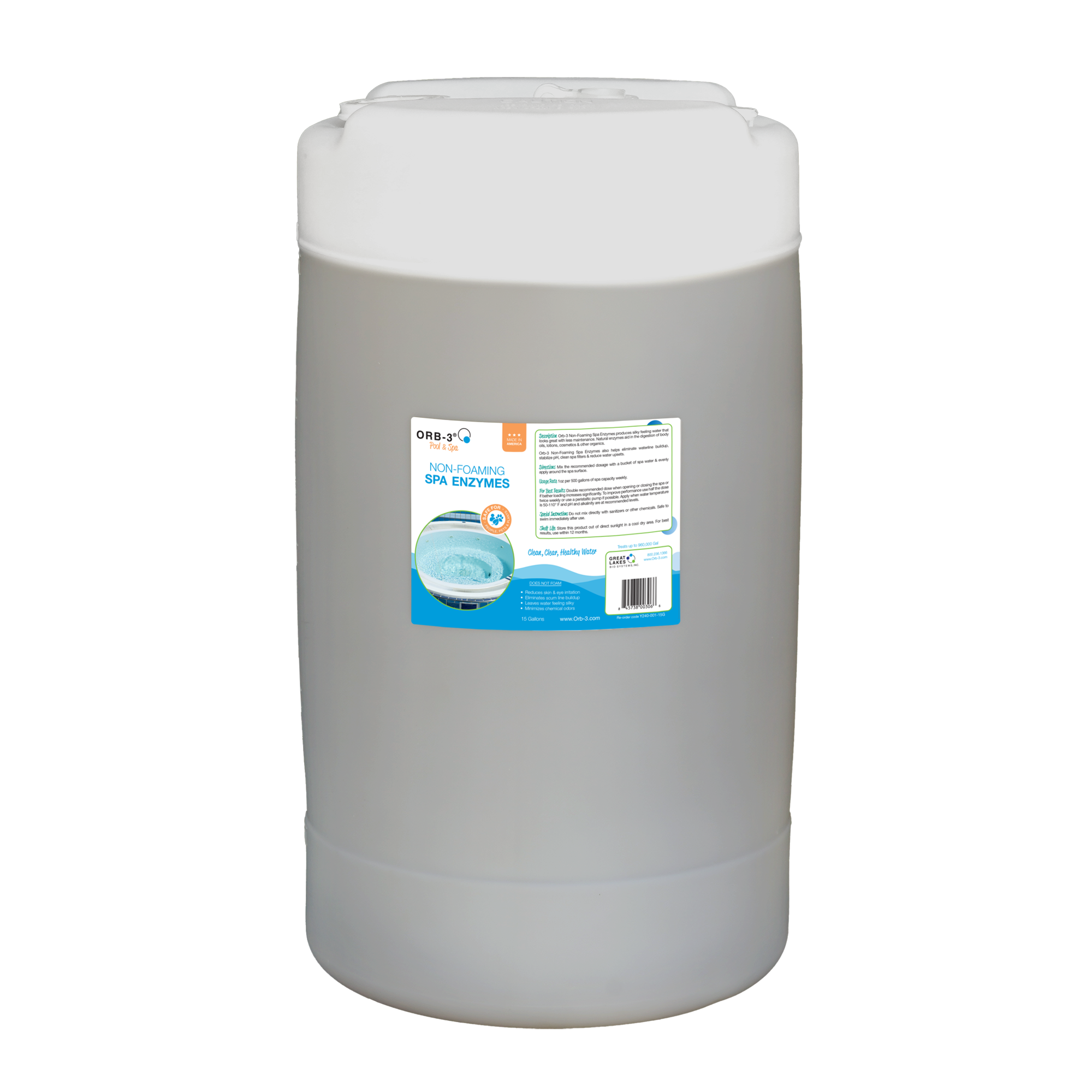 Large 55 gallon container of Orb-3 Spa Enzymes Non-foaming with a label on a white background