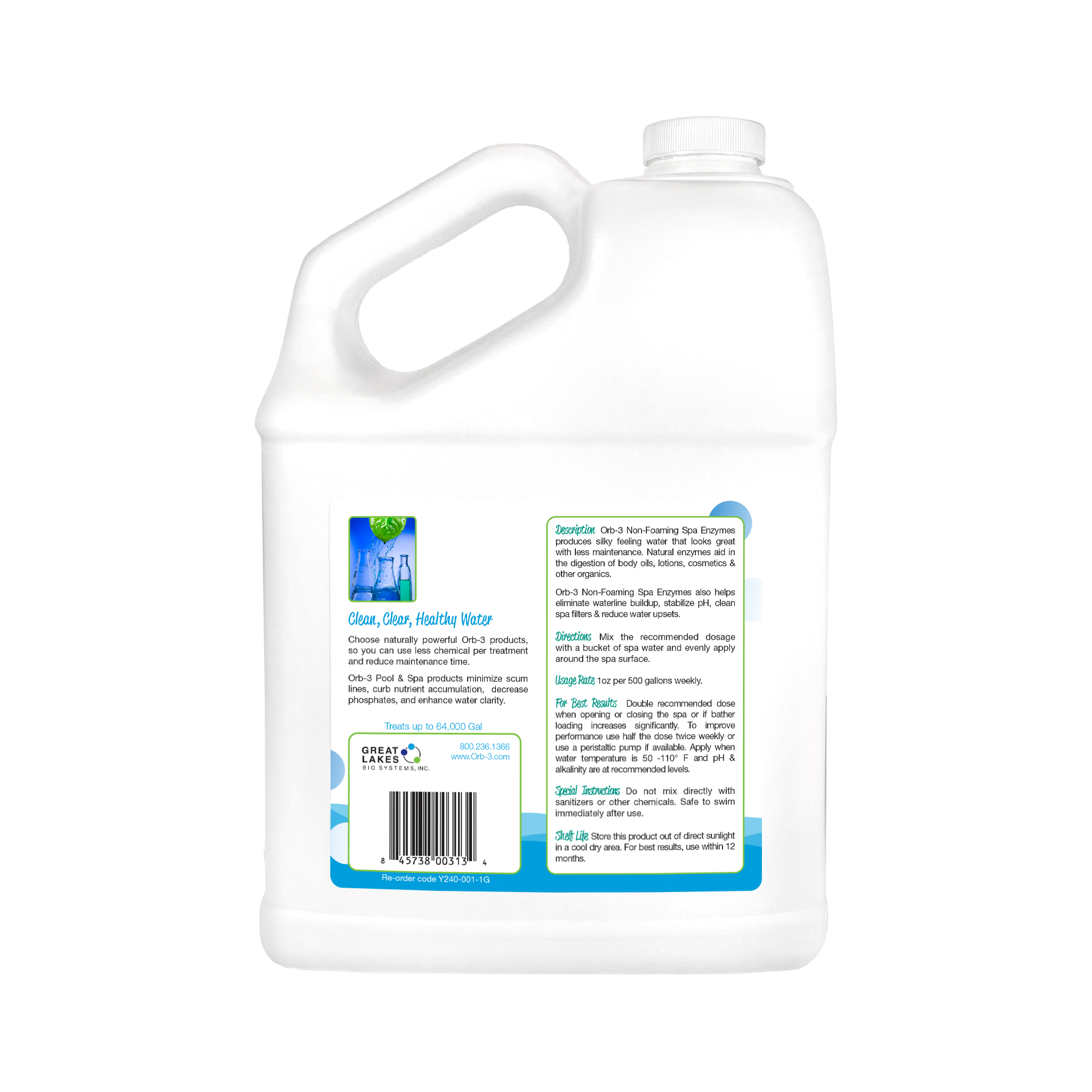 Back view of 1 gallon jug of Orb-3 Spa Enzymes Non-foaming
