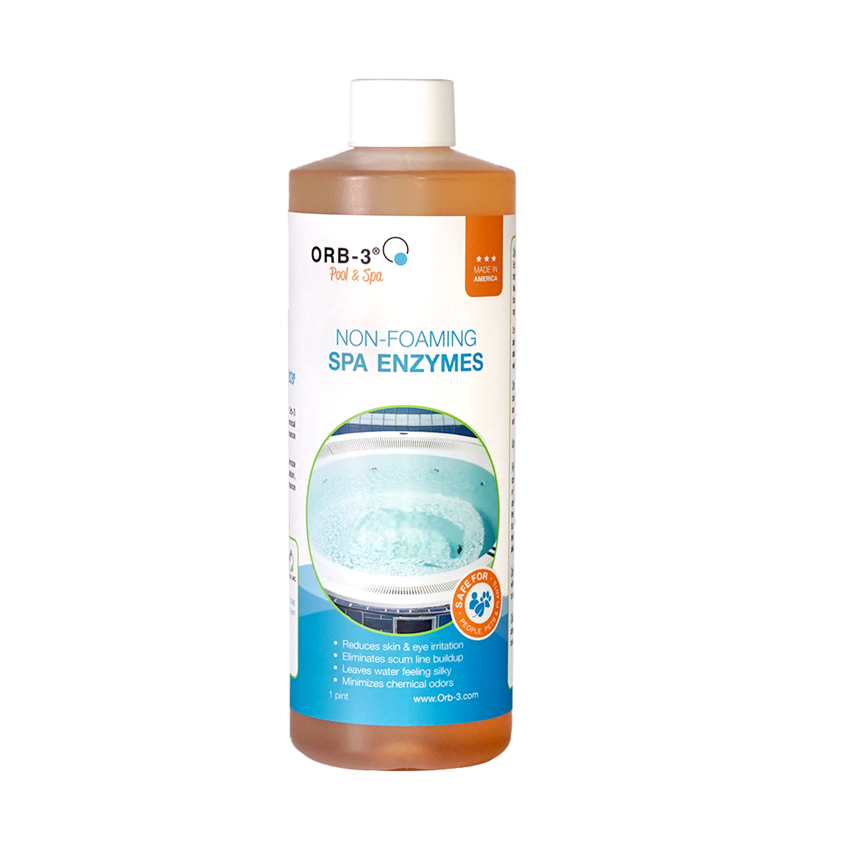 Pint bottle of Orb-3 Non-Foaming Spa Enzymes on a white background