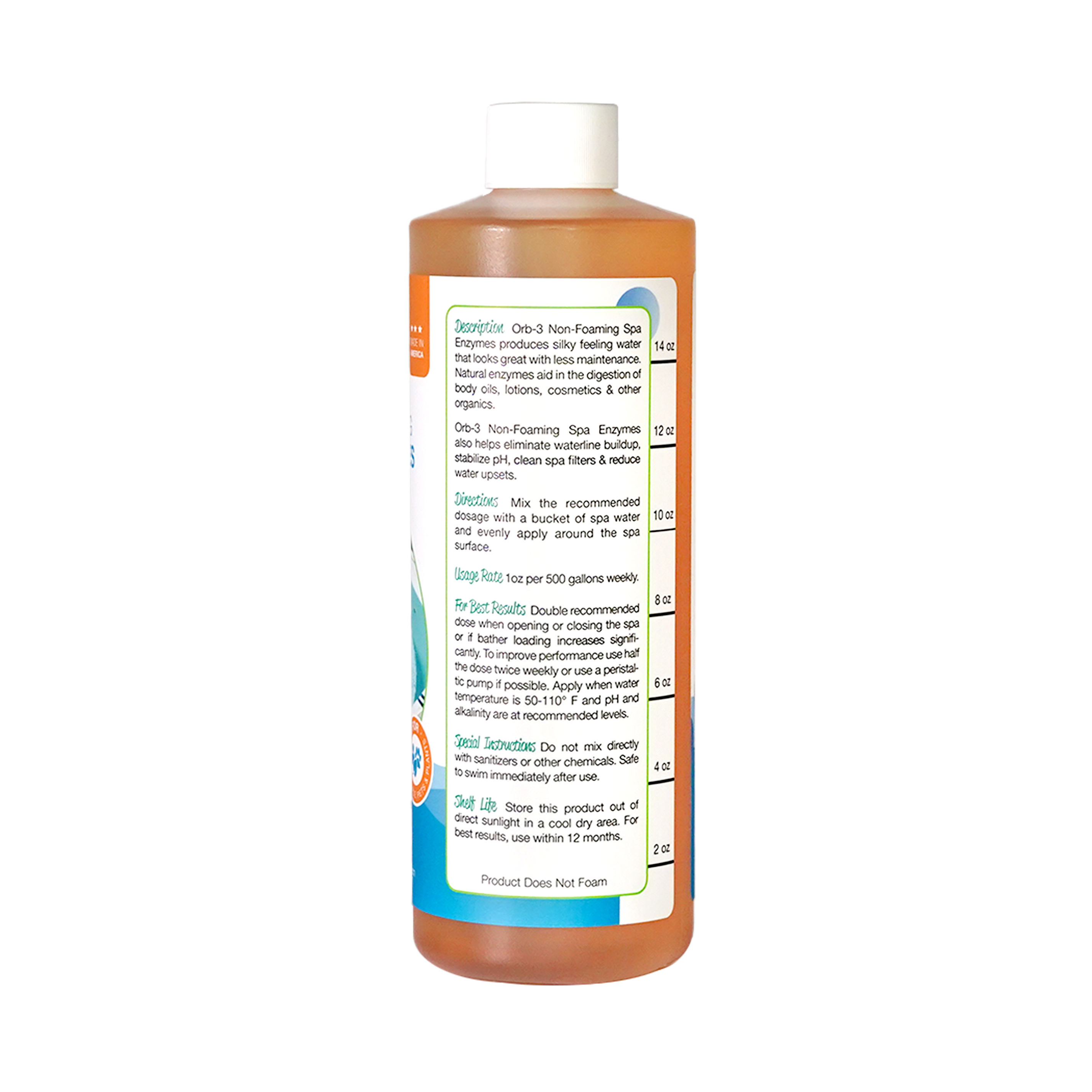 Back view of bottle of Orb-3 Spa Enzymes Non-foaming showing directions on a white background
