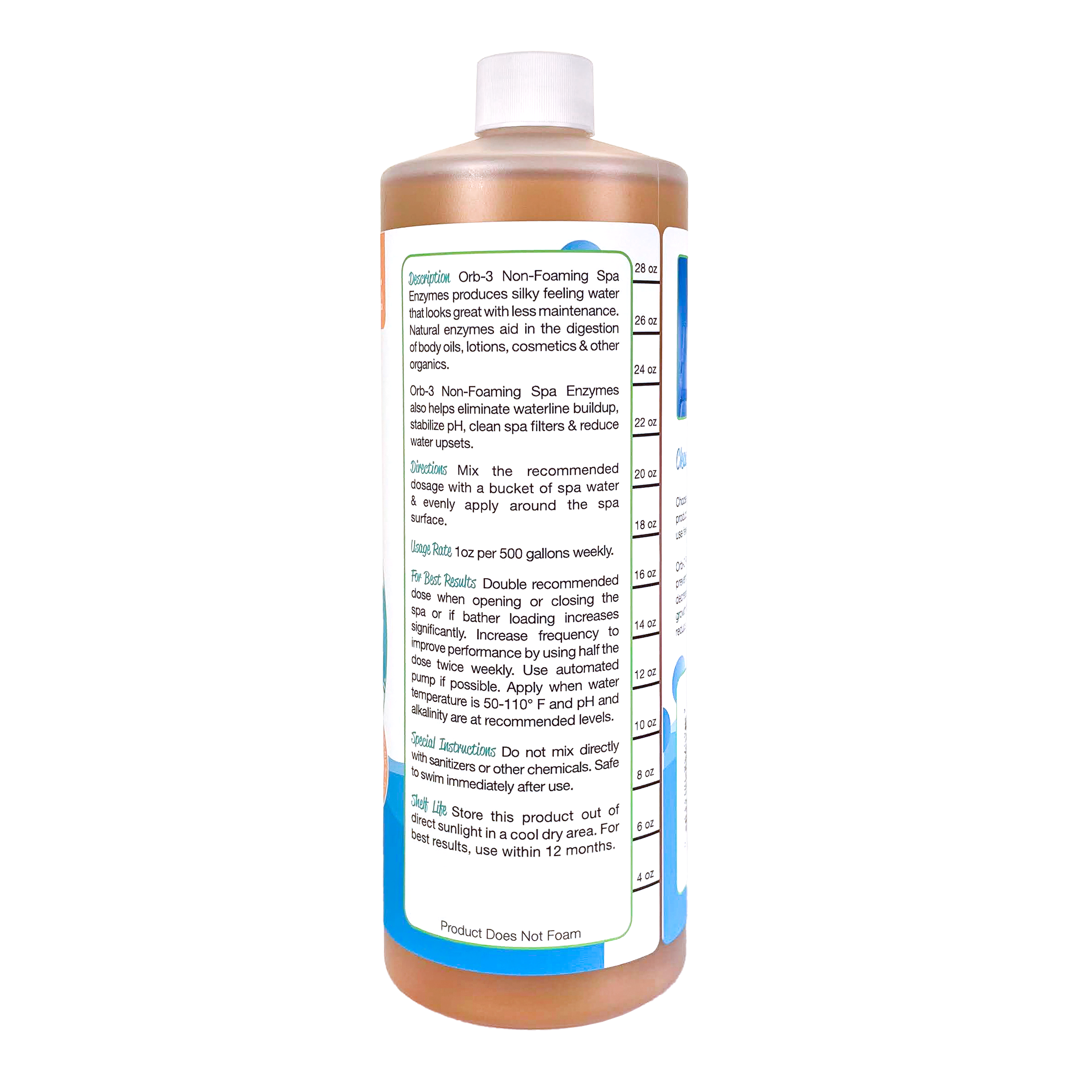 Back photo of Orb-3 Spa Enzymes Non-foaming bottle showing measurements and directions on label 