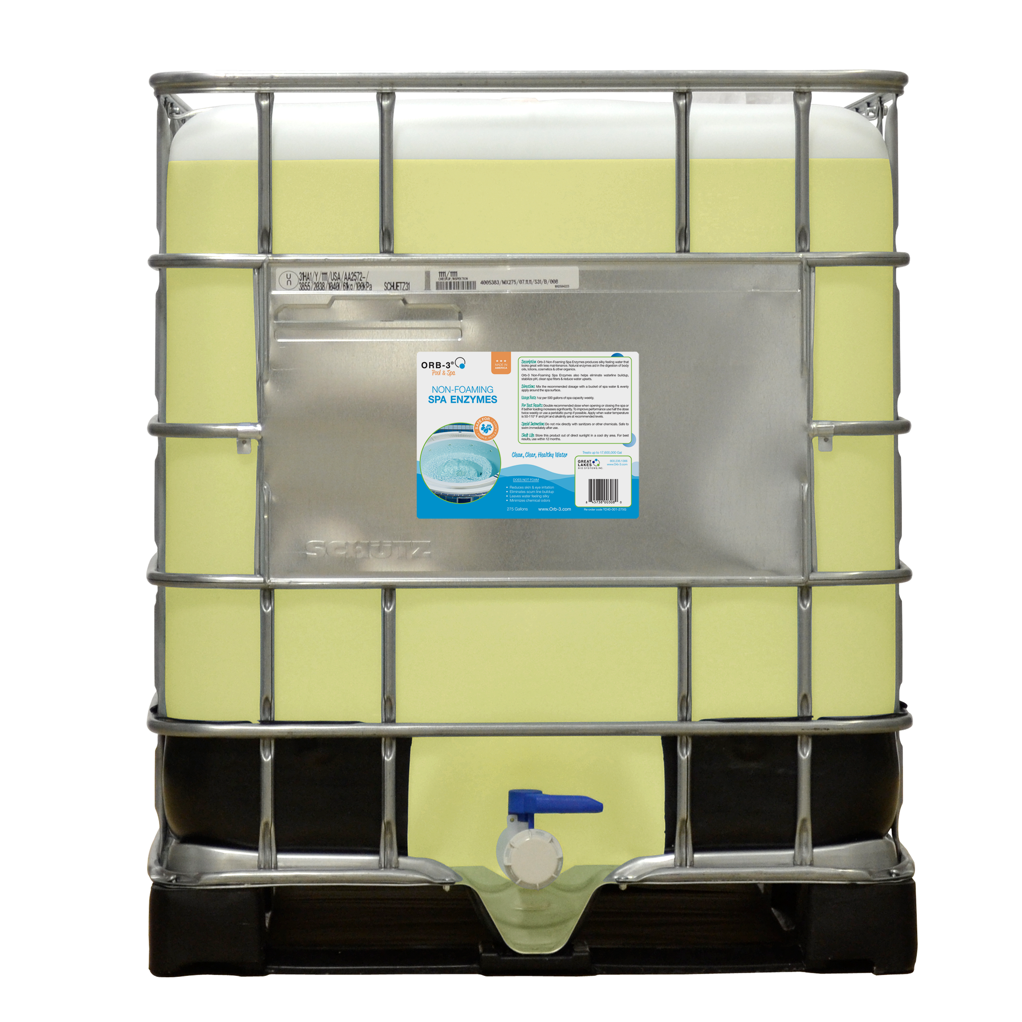 Large IBC tote of Orb-3 Spa Enzymes Non-foaming with a label on a white background