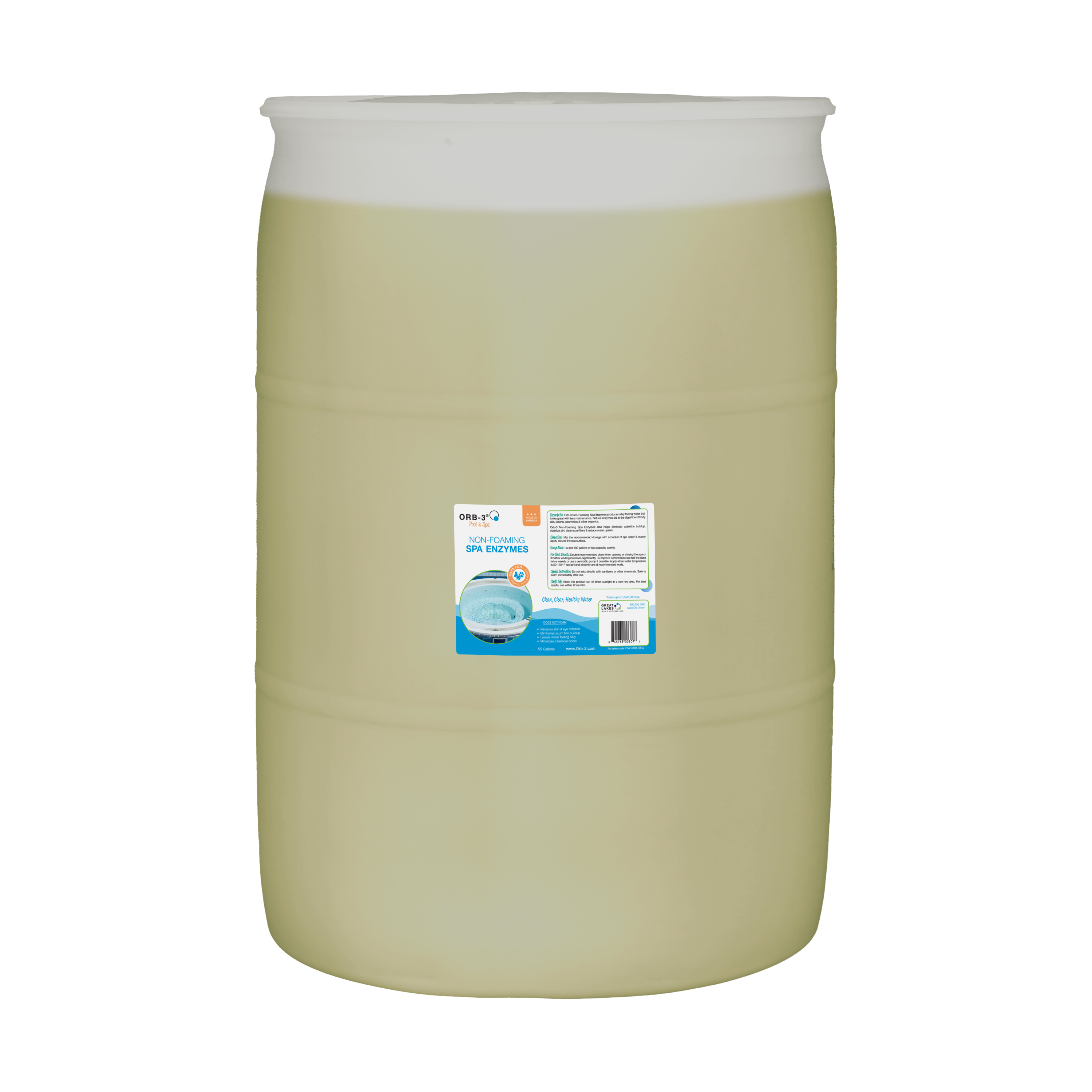 Large pail of Orb-3 Spa Enzymes Non-foaming with a label on a white background