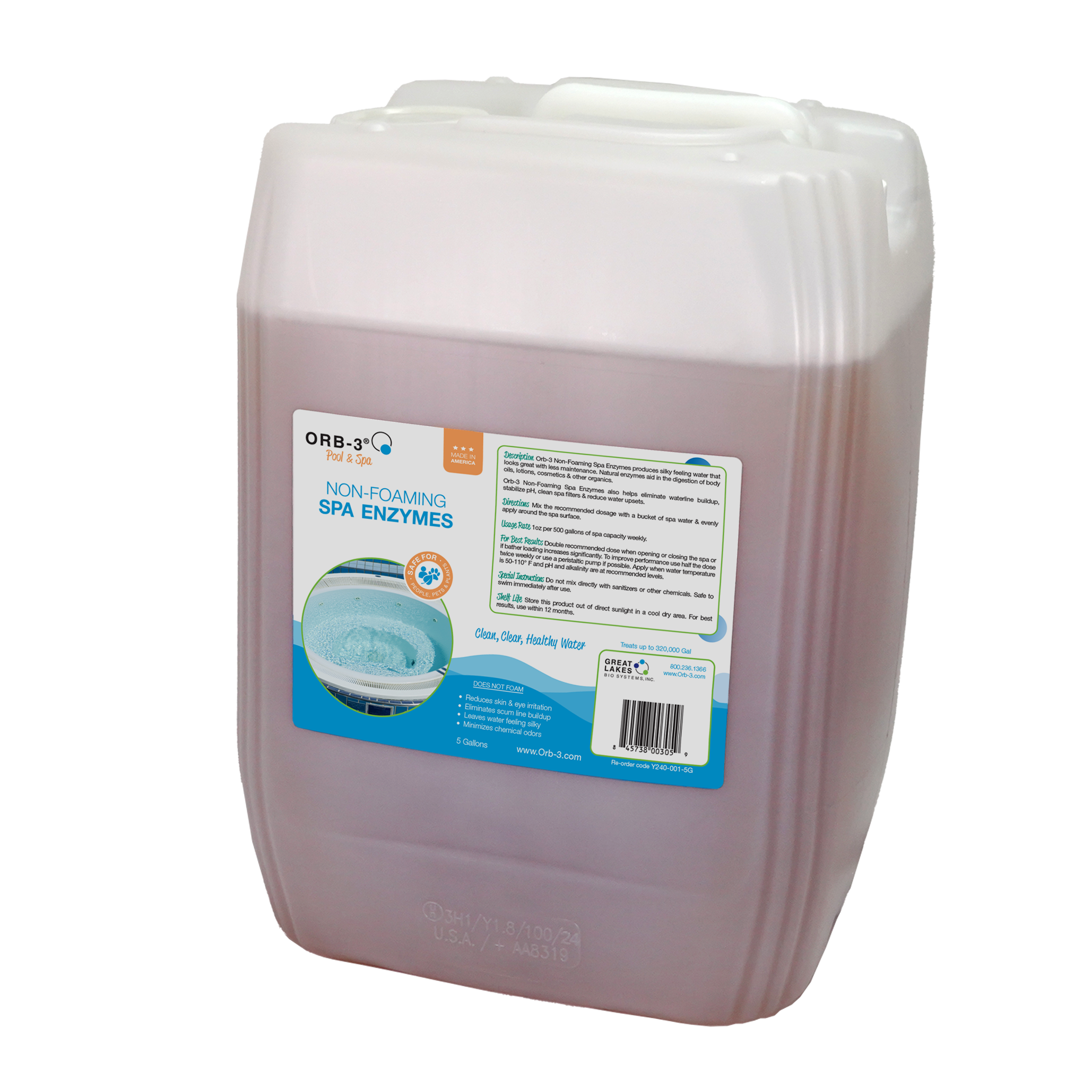 5 gallon container of Orb-3 Spa Enzymes Non-foaming with a label on a white background