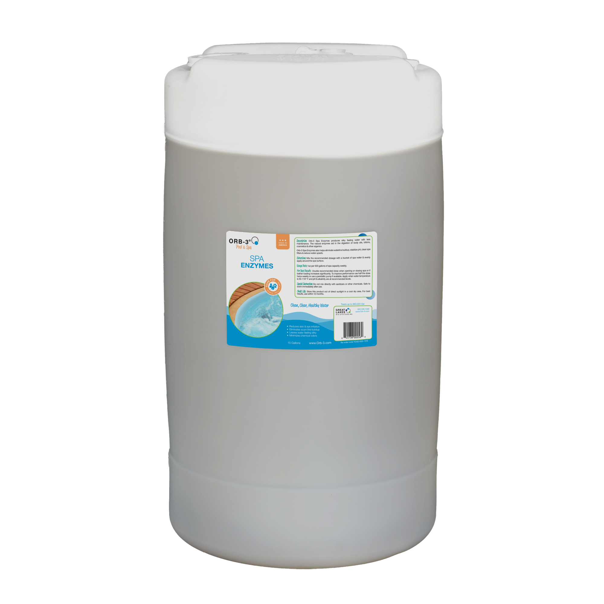 Large white container of Orb-3 Spa Enzymes with a label on a white background