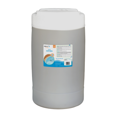 Large white container of Orb-3 Spa Enzymes with a label on a white background