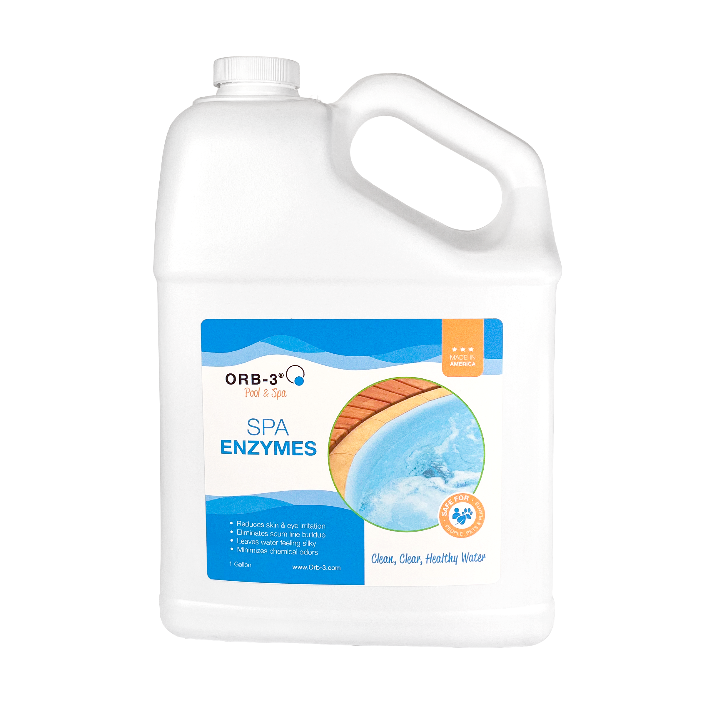 Gallon container of Orb-3 Spa Enzymes on a white background