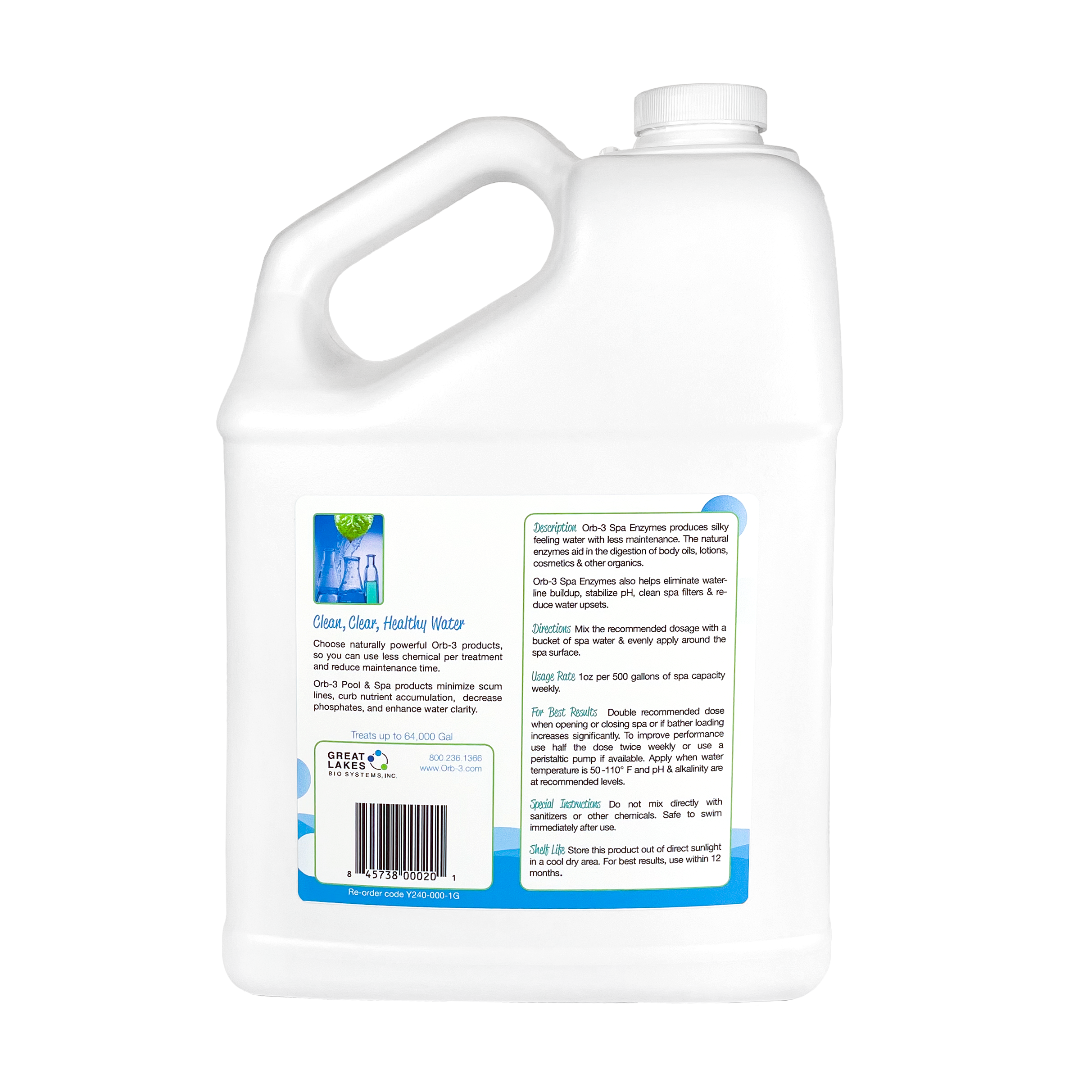 Back photo of label on white gallon container of Orb-3 Spa Enzymes 