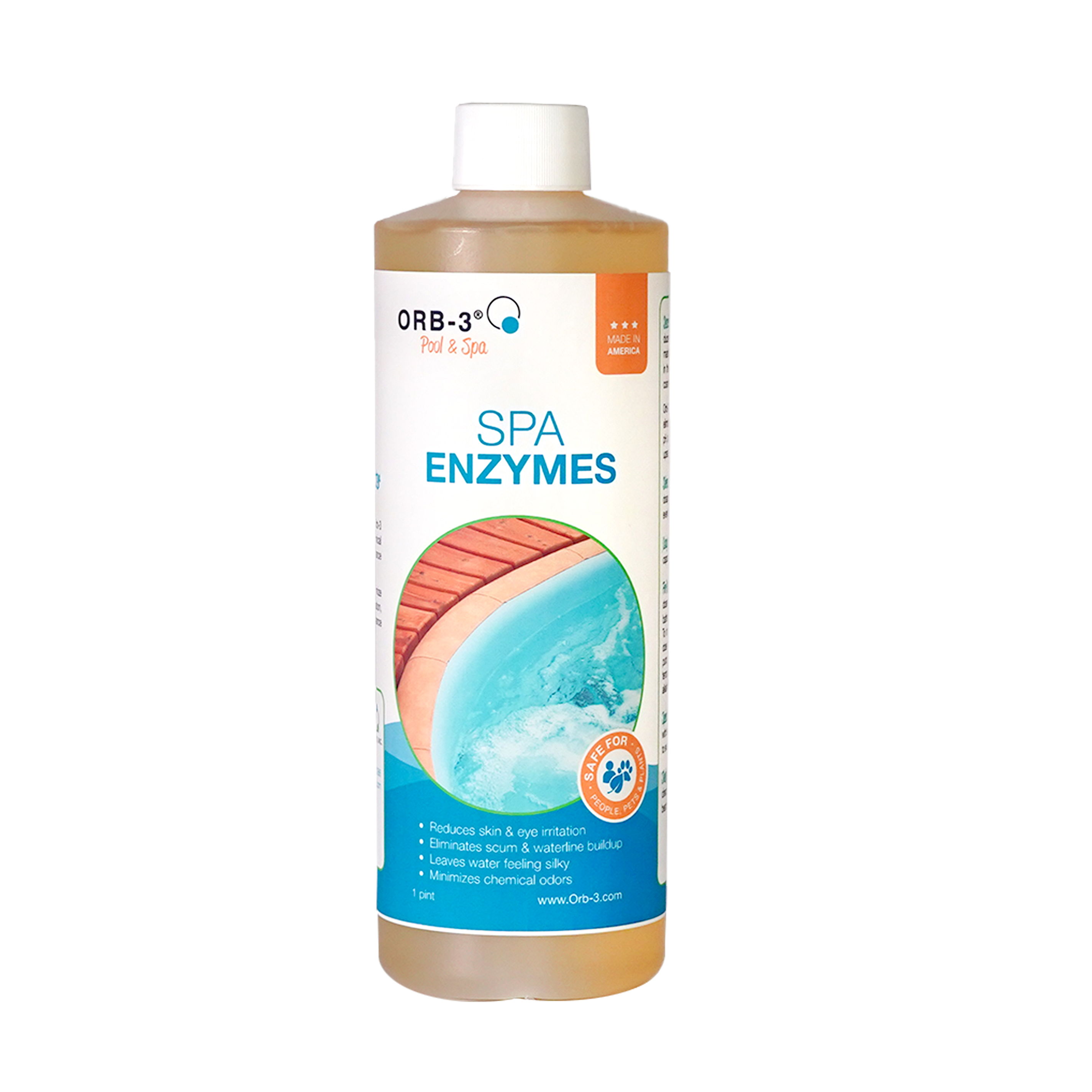 Pint bottle of Orb-3 Spa Enzymes with a white background