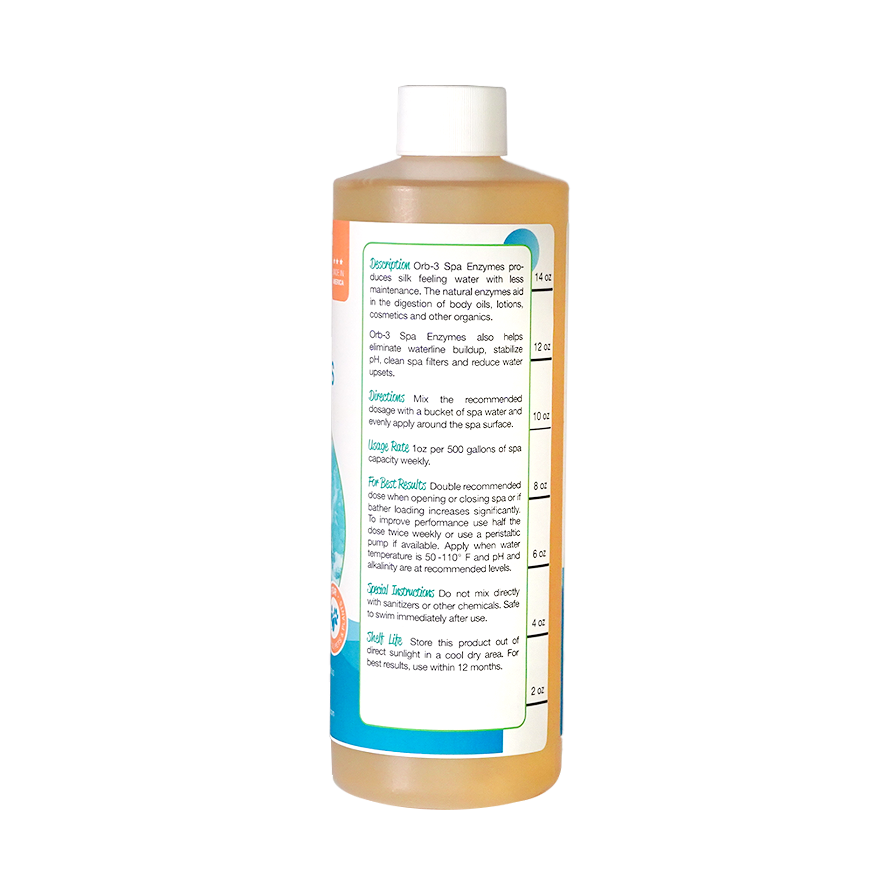 Back view of label on bottle of Orb-3 Spa Enzymes on a white background