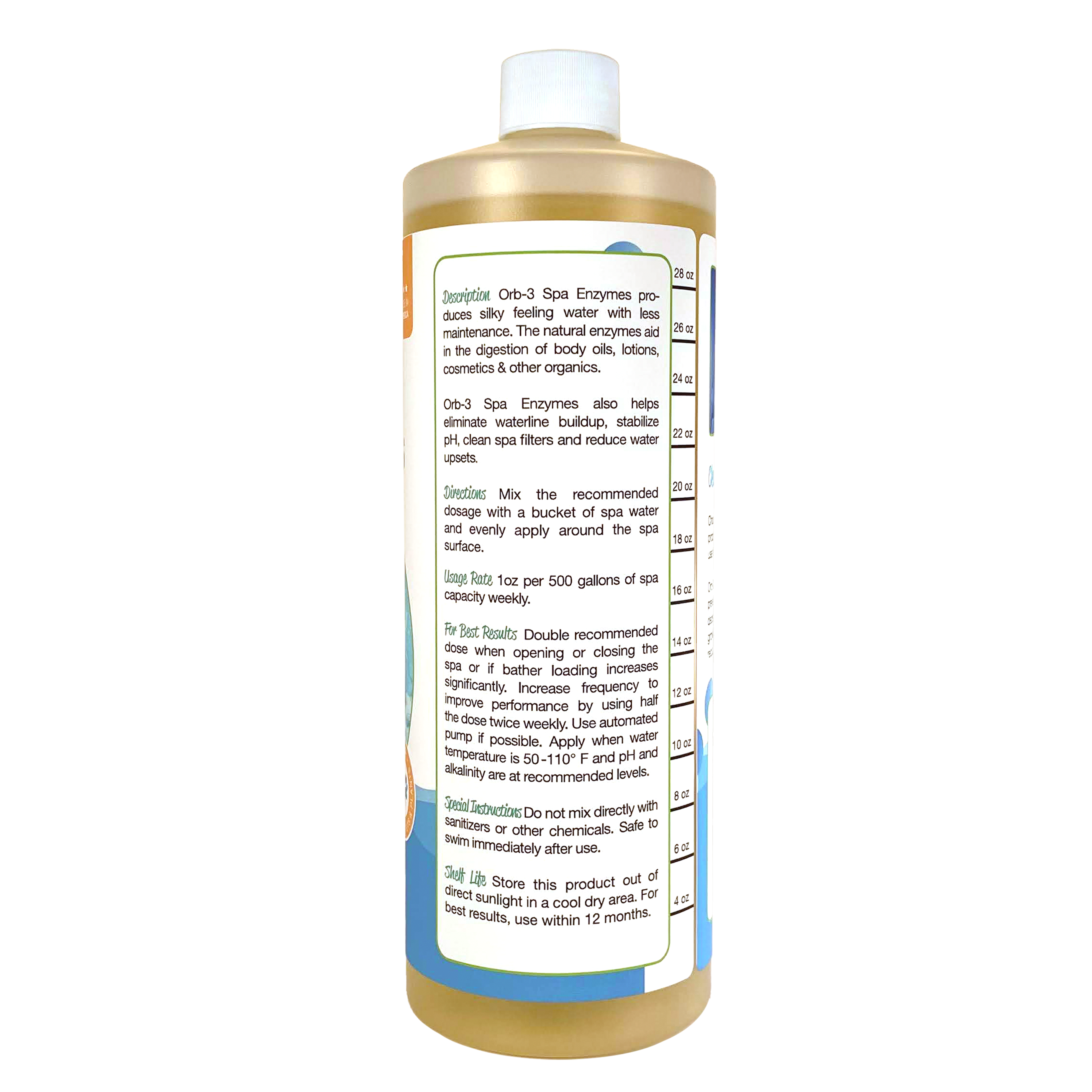 Back view of directions on bottle of Orb-3 Spa Enzymes on a white background