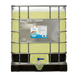 Large industrial 275 gallon tote of Orb-3 Spa Enzymes on a white background