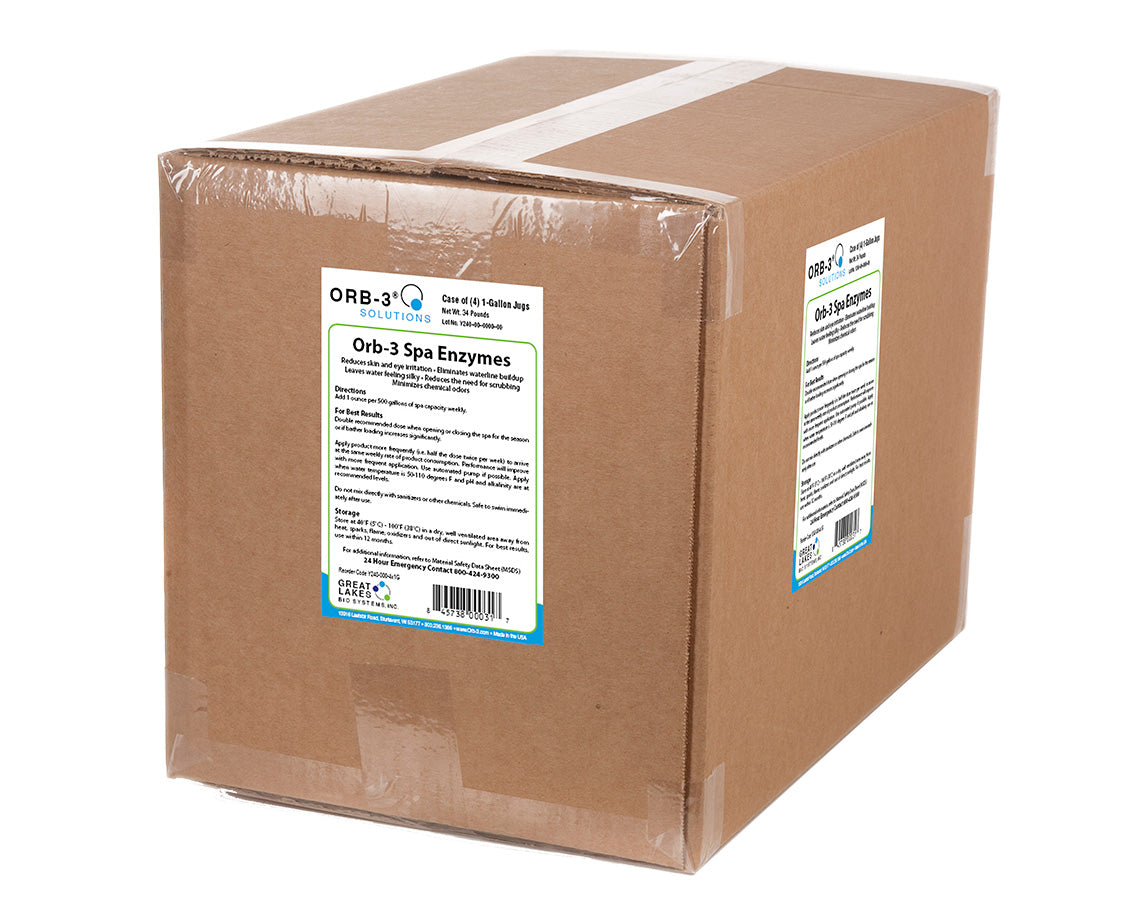 Box of Orb-3 Spa Enzymes gallons