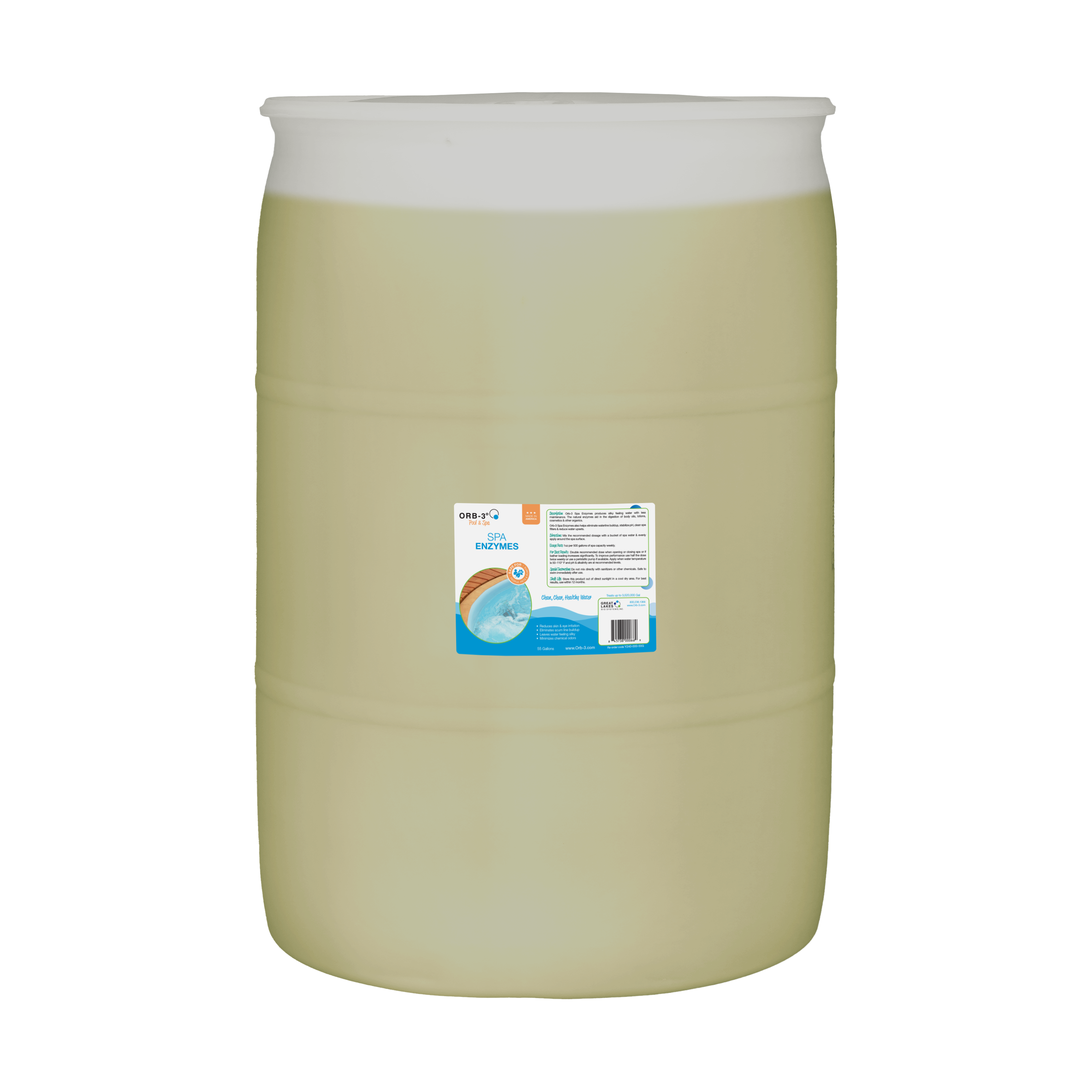 Large 55 gallon drum of Orb-3 Spa Enzymes on a white background