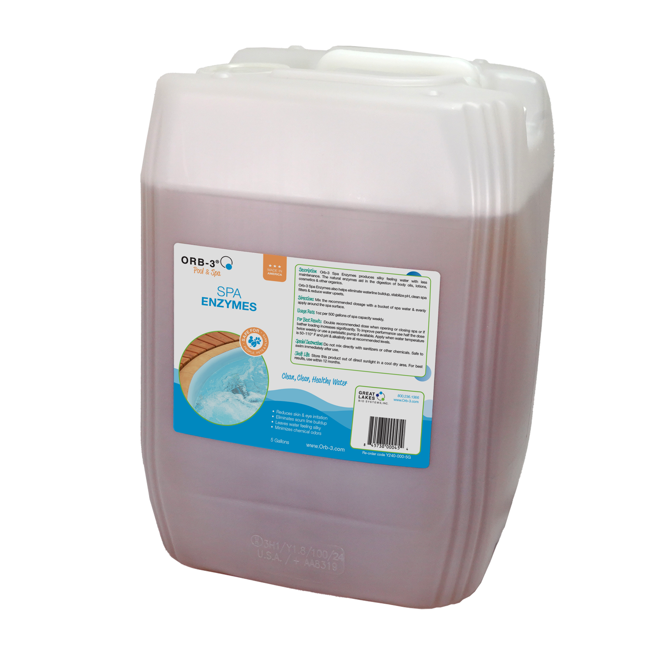 5 gallon pail of Orb-3 Spa Enzymes with a label on a white background