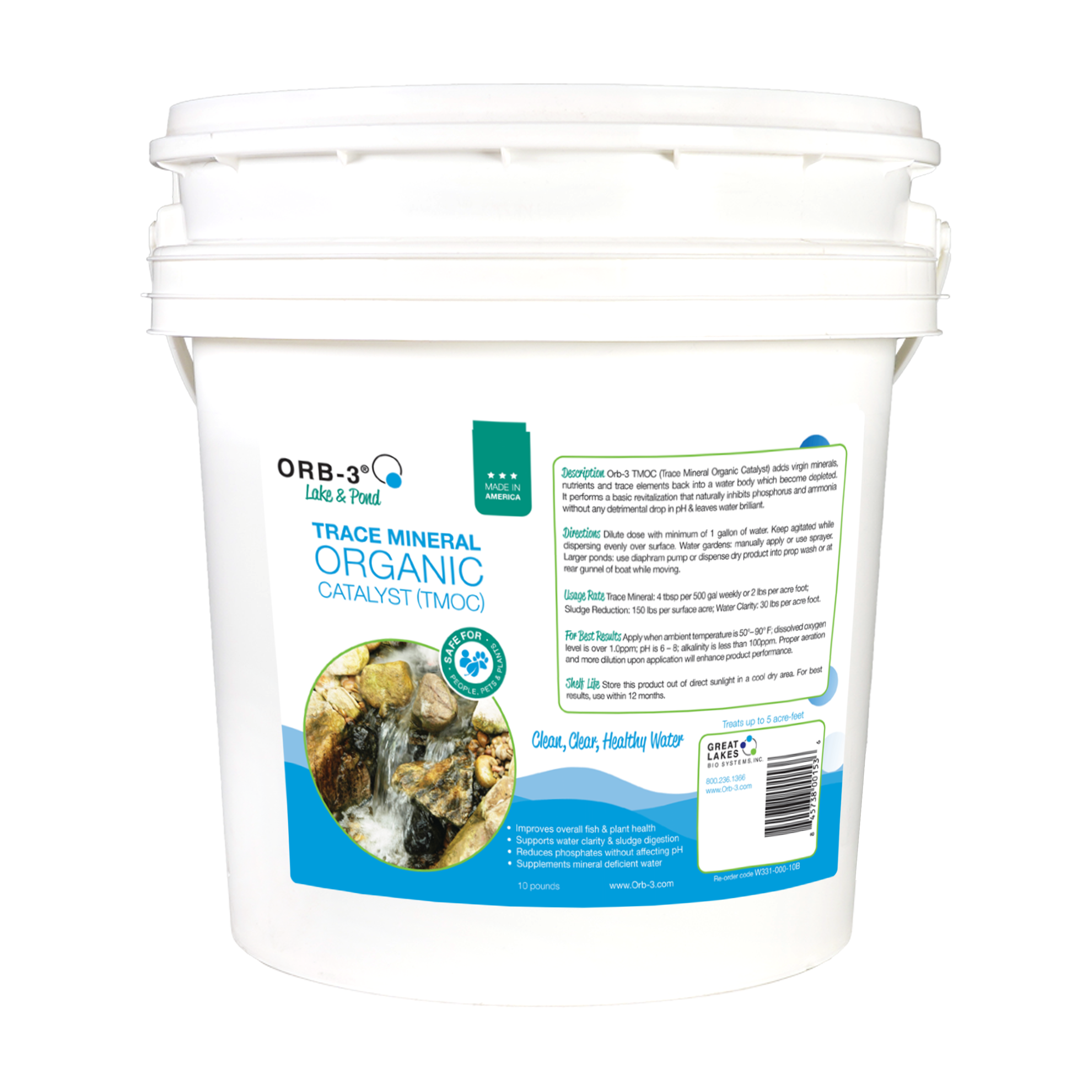 White bucket with a label Orb-3 TMOC Trace Mineral Organic Catalyst on a white background