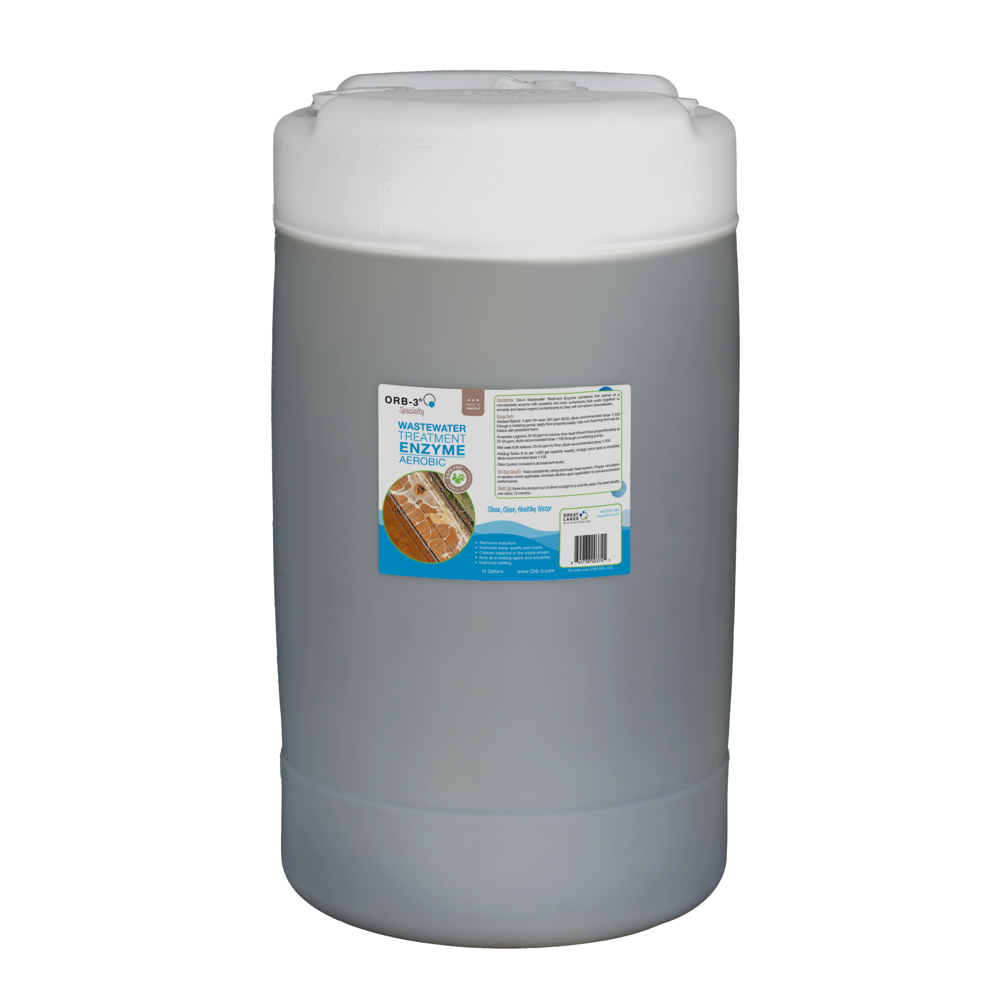 Large 15 gallon container with a label of Orb-3 Wastewater Enzymes on a white background