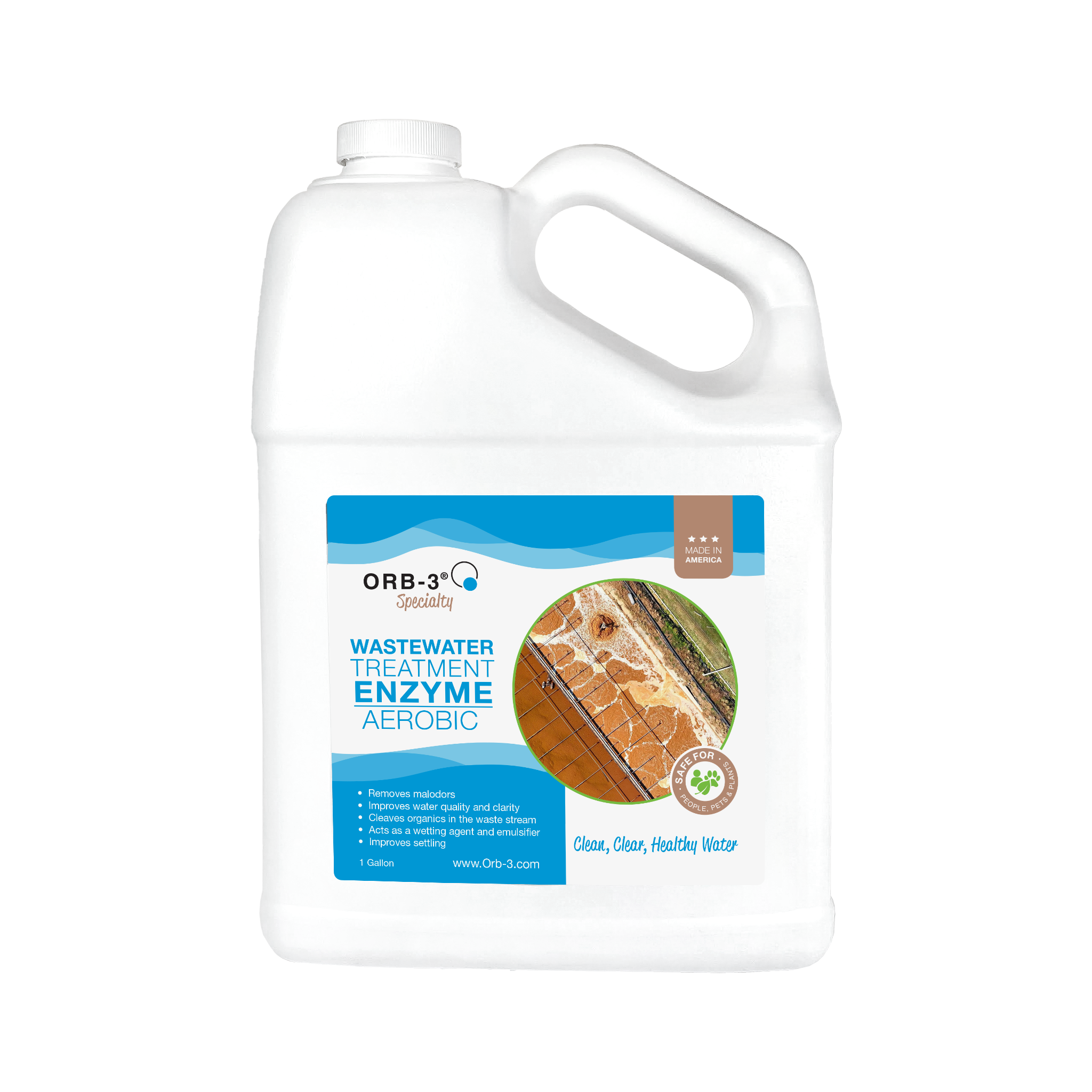 A gallon container of Orb-3 Wastewater Enzymes Aerobic with blue label on a white background 