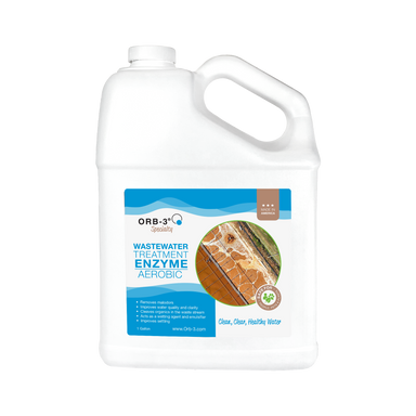 A gallon container of Orb-3 Wastewater Enzymes Aerobic with blue label on a white background 