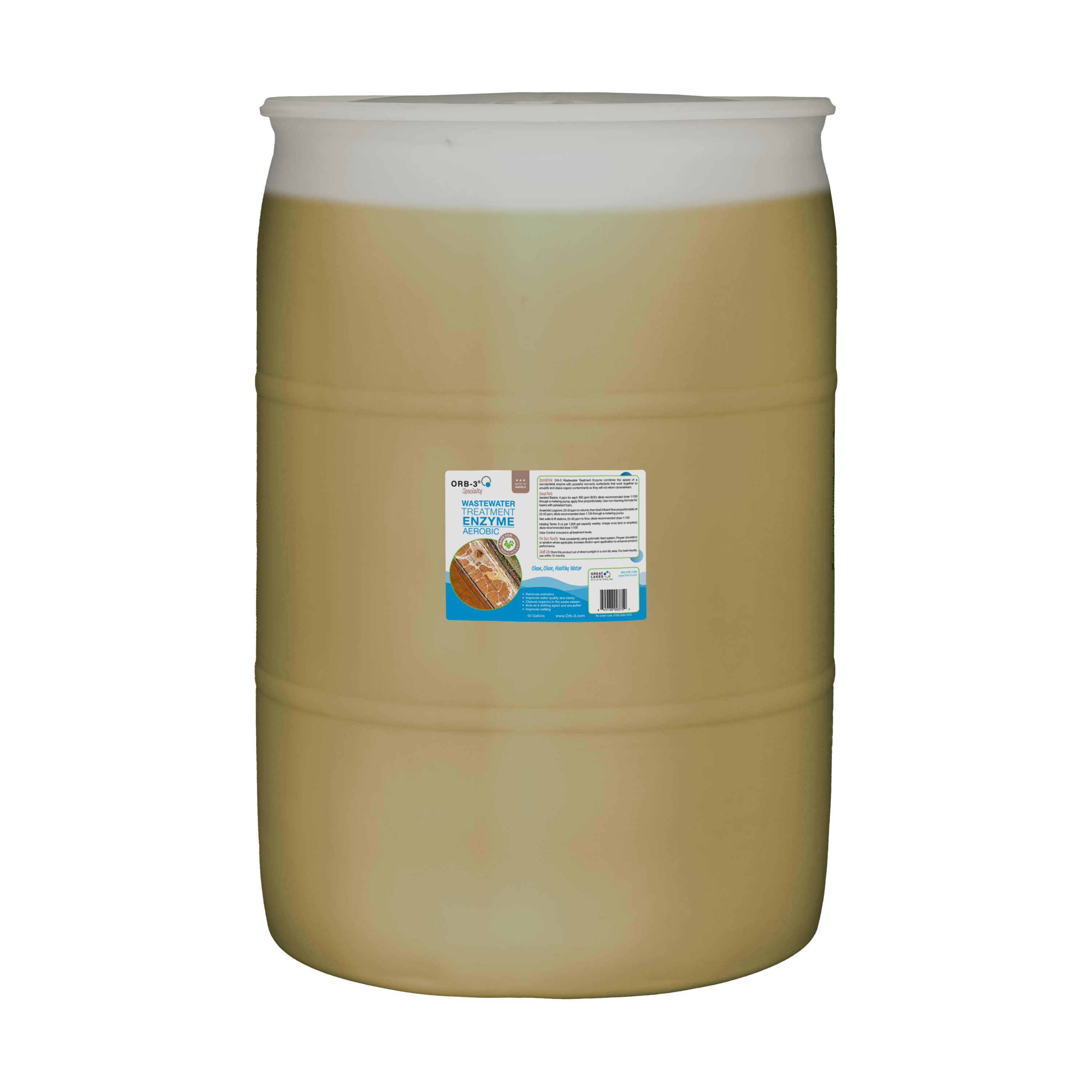 Large 55 gallon drum of Orb-3 Wastewater Enzymes with a label on a white background
