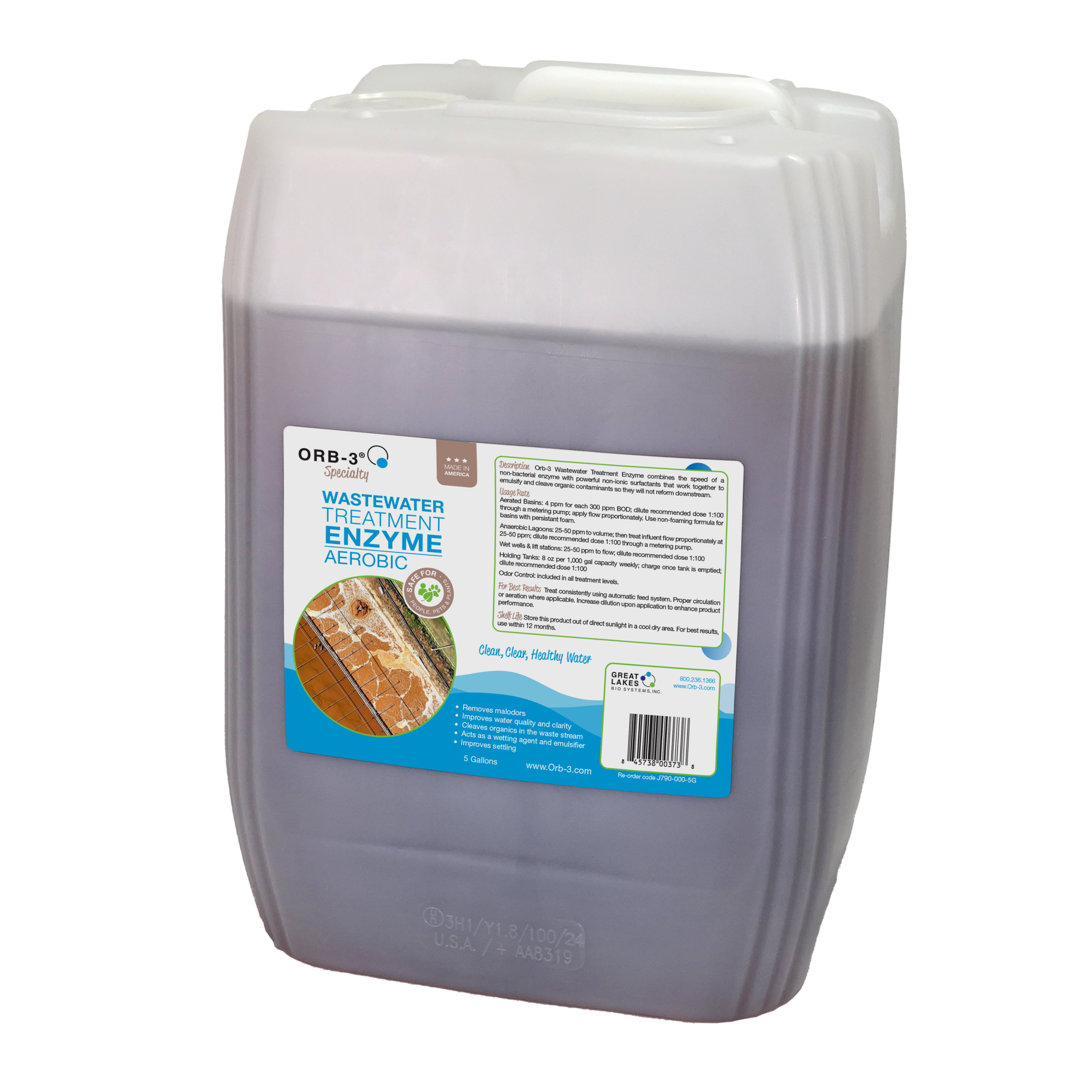 Orb-3 Wastewater Treatment Enzyme in a 5 gallon container with label on a white background