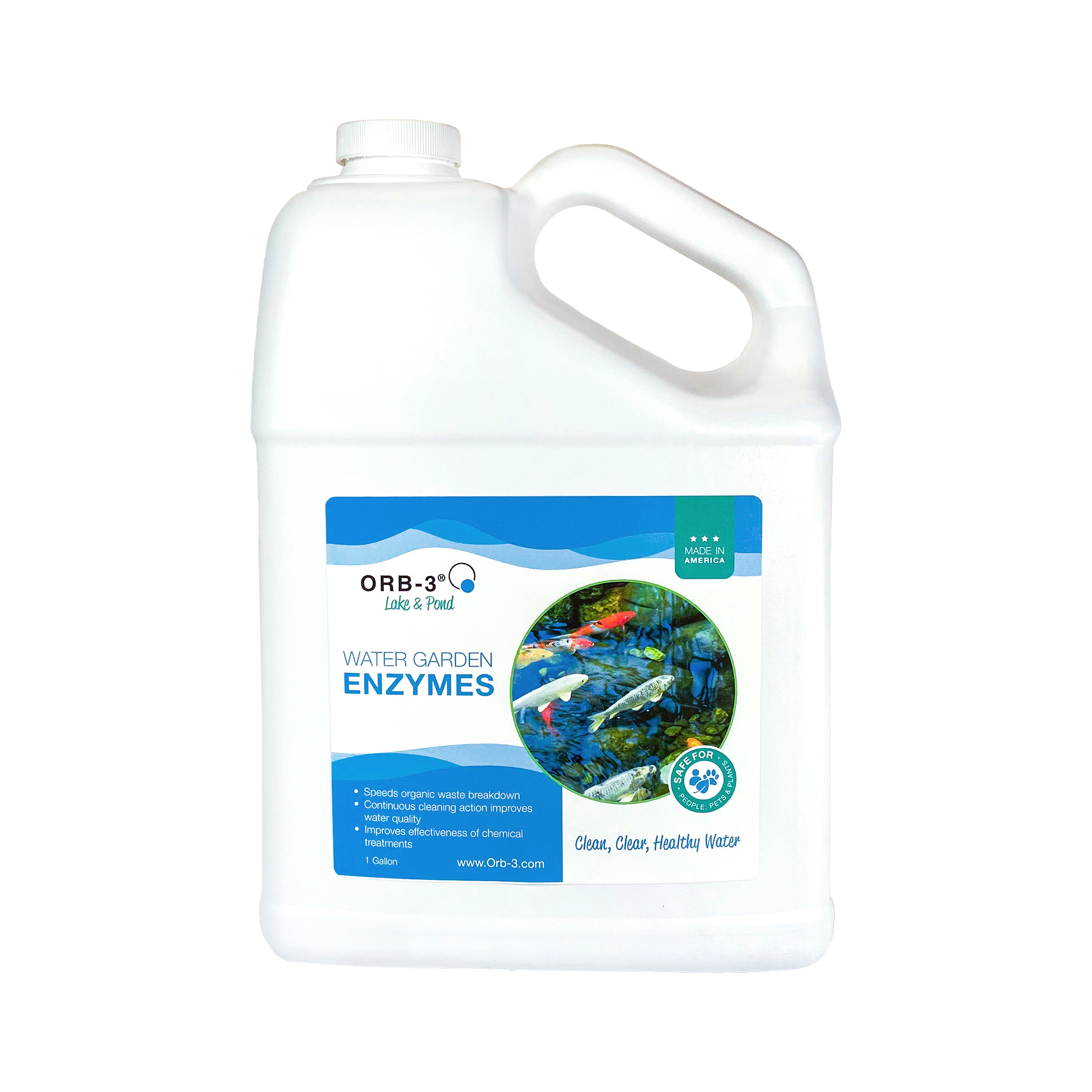 Gallon container of Orb-3 Water Garden Enzymes on a white background