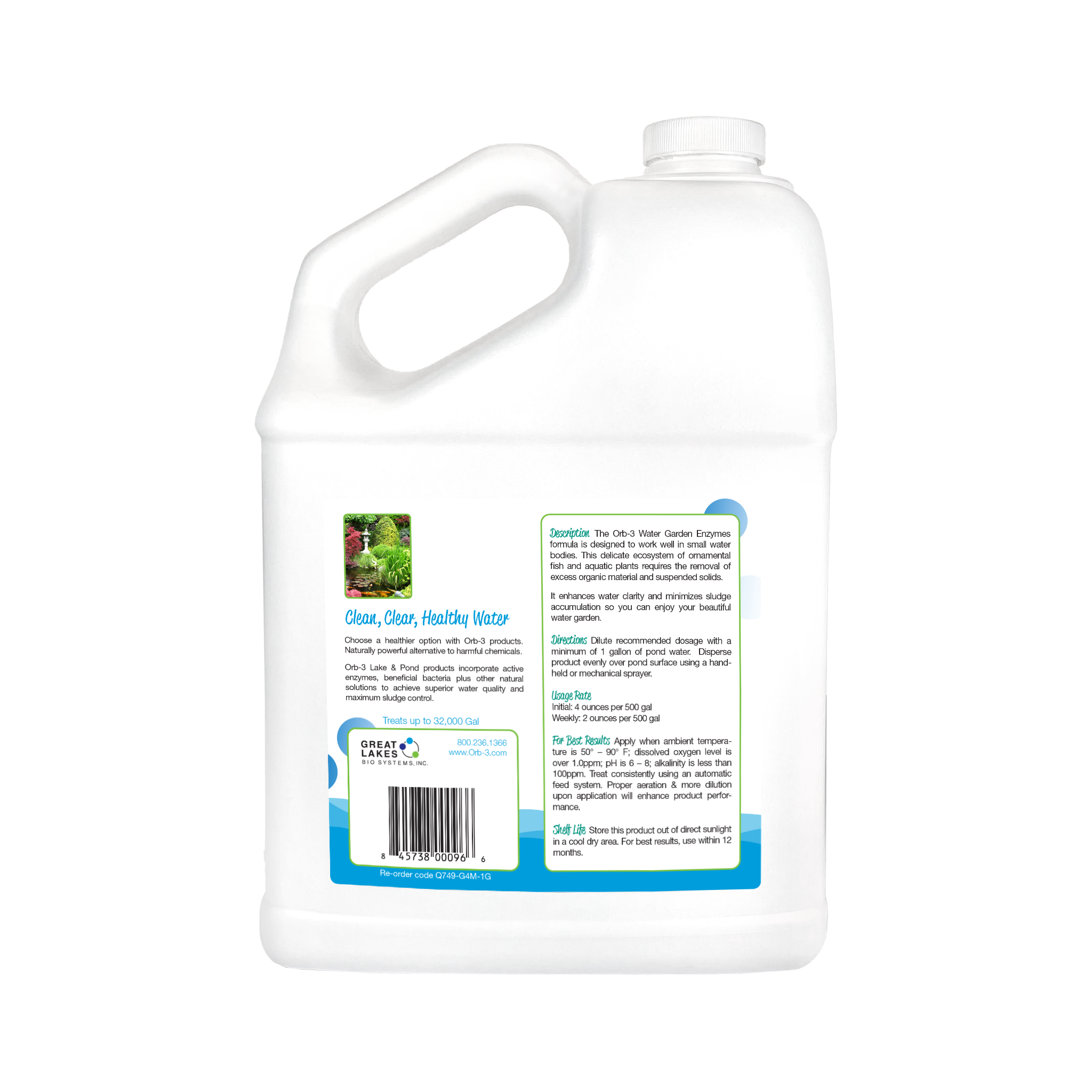 Back photo of a white gallon container of Orb-3 Water Garden Enzymes on a white background