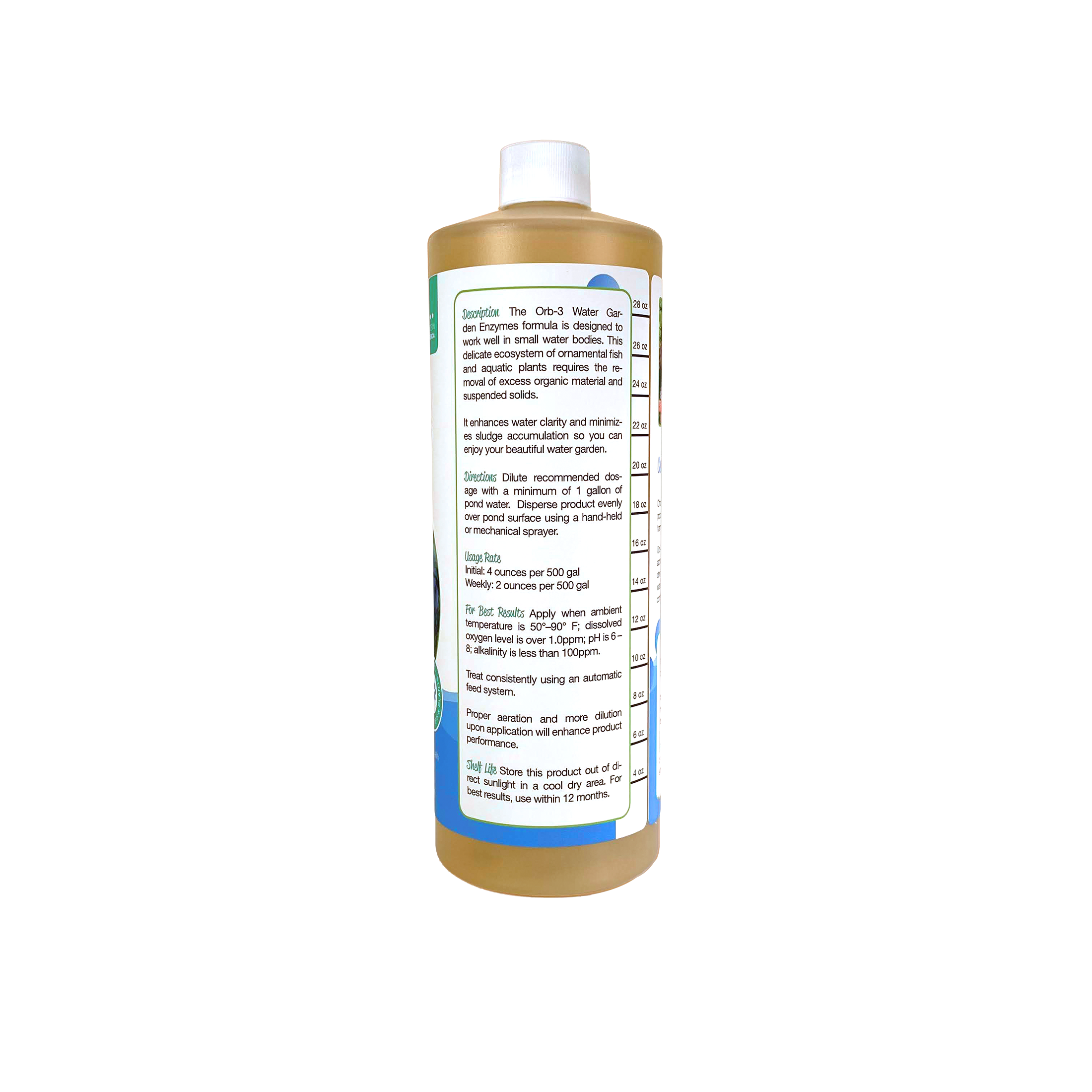 Back photo of a bottle of Orb-3 lake and pond enzymes on a white background