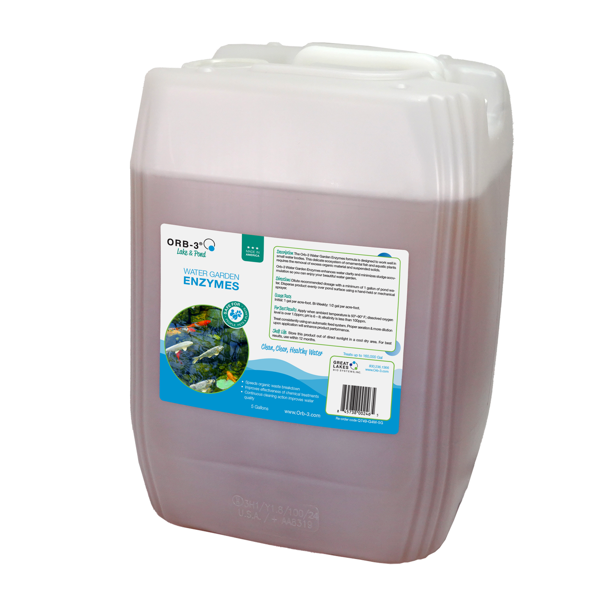Large 5 gallon container of Orb-3 Water Garden Enzymes pond water treatment on a white background