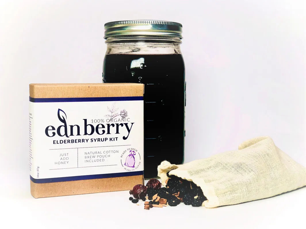 Ednberry Organic Elderberry Syrup Kit Front, Pouch, Contents, Jar