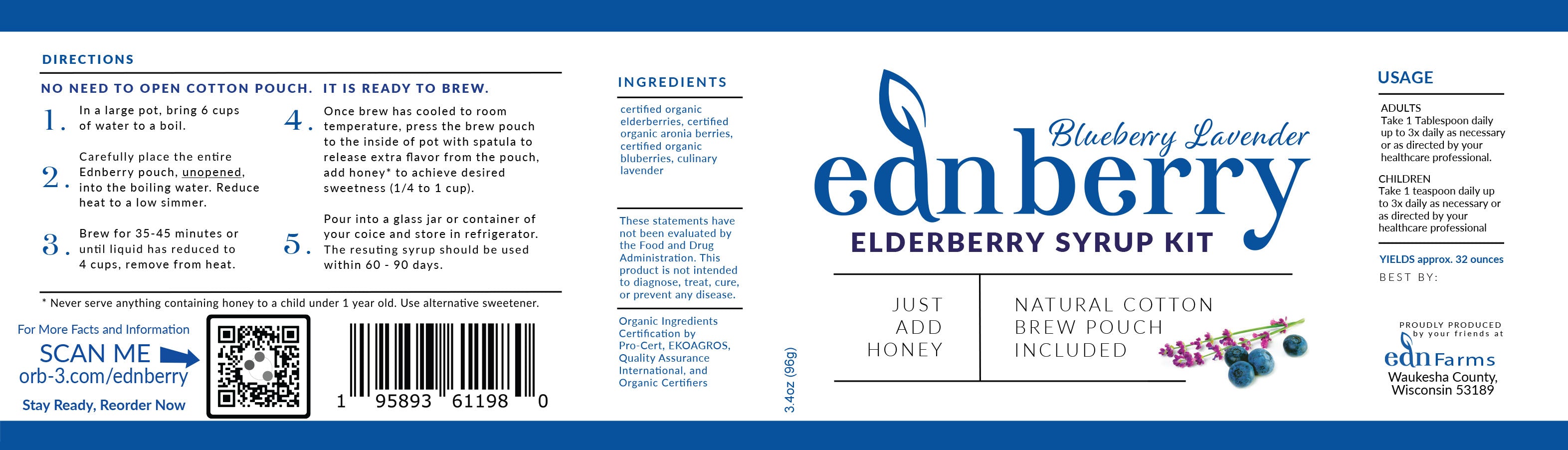 Label for Ednberry Blueberry Lavender elderberry syrup kit